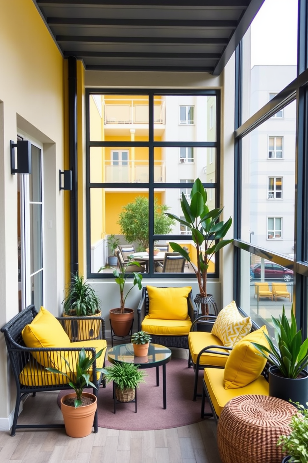 A cozy outdoor balcony features stylish furniture adorned with vibrant yellow cushions. The space is enhanced by potted plants and a small table, creating an inviting atmosphere for relaxation. A modern yellow apartment showcases a bright living area with yellow accents throughout. Large windows allow natural light to flood the space, highlighting the cheerful color palette and contemporary furnishings.