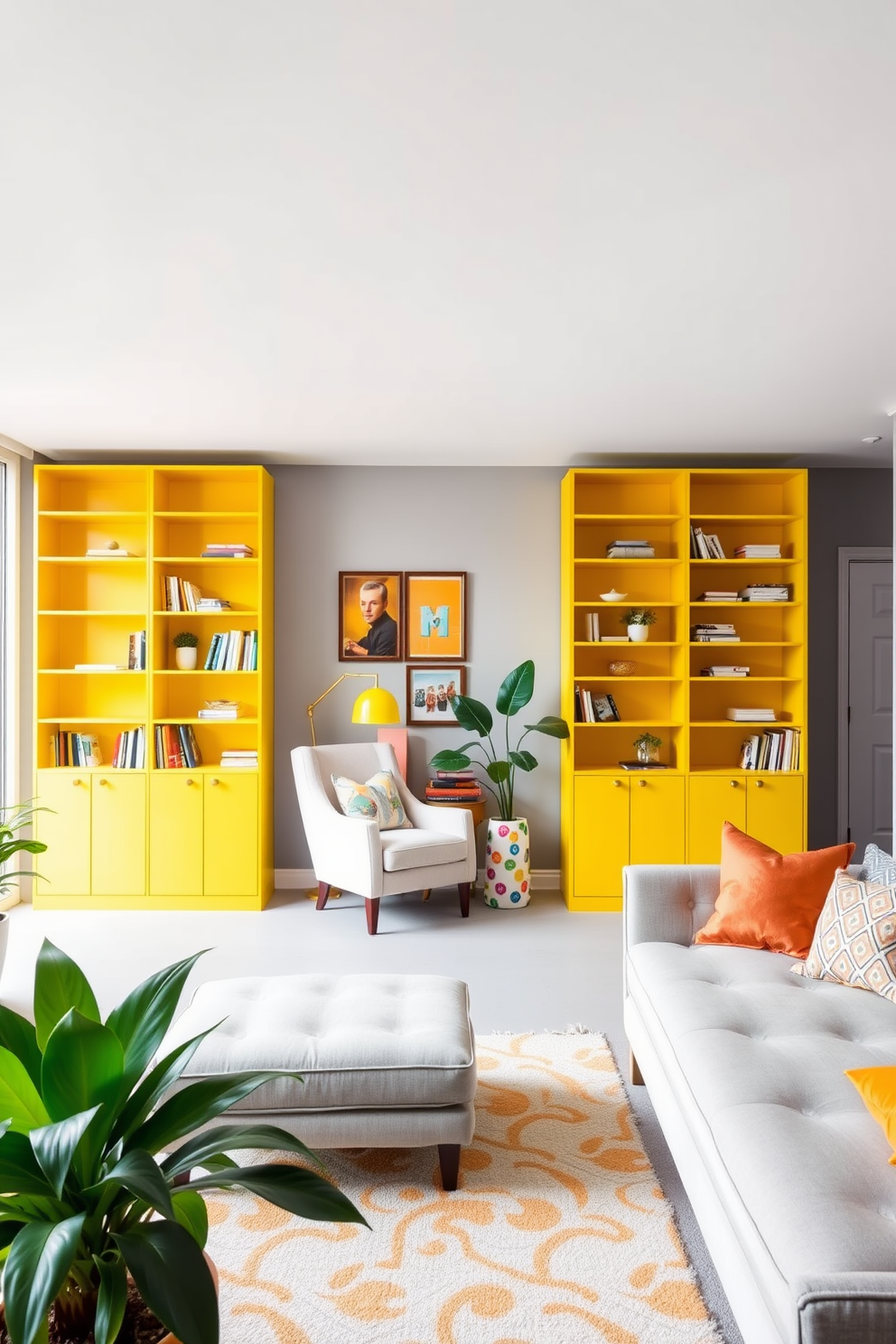 Bright yellow bookshelves line the walls of a vibrant living room, creating a playful contrast against the soft gray walls. A cozy reading nook is nestled in one corner, featuring a plush armchair and a small side table adorned with a colorful lamp. The open layout of the apartment allows natural light to flood in, highlighting the cheerful yellow accents throughout. Decorative plants are strategically placed to add a touch of greenery, enhancing the lively atmosphere of the space.