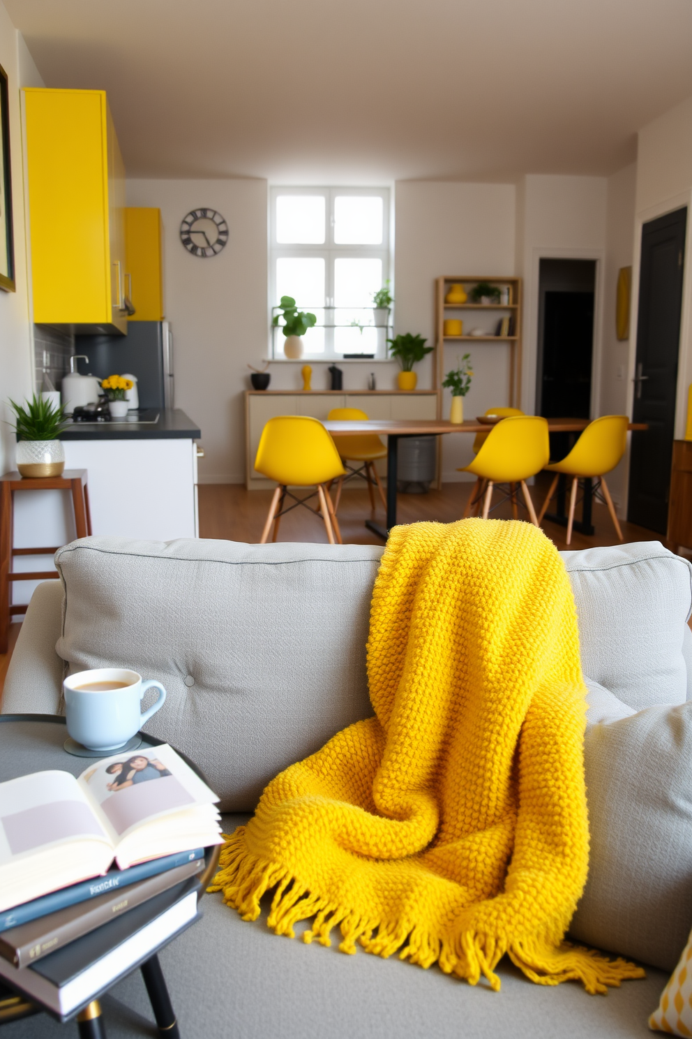 A vibrant yellow ceiling adds a surprising twist to a modern apartment design. The walls are painted in soft white to create a bright and airy atmosphere, while bold artwork adorns the walls to enhance the lively ambiance. The living area features a plush gray sofa paired with colorful throw pillows that complement the ceiling. A sleek coffee table sits atop a textured area rug, creating a cozy focal point in the space. In the kitchen, yellow accents are incorporated through bar stools and decorative items, tying the theme together. The cabinetry is a clean white, providing a fresh contrast to the cheerful ceiling and colorful decor.