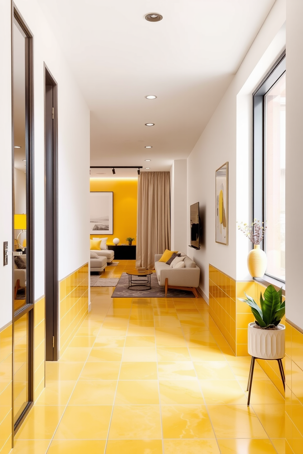 A bright and inviting entryway features yellow accent tiles that create a cheerful atmosphere. The walls are painted in a soft white, allowing the vibrant tiles to stand out and welcome guests. The apartment design showcases a modern aesthetic with yellow accents throughout. Open spaces are filled with natural light, complemented by stylish furnishings in neutral tones that enhance the overall warmth.