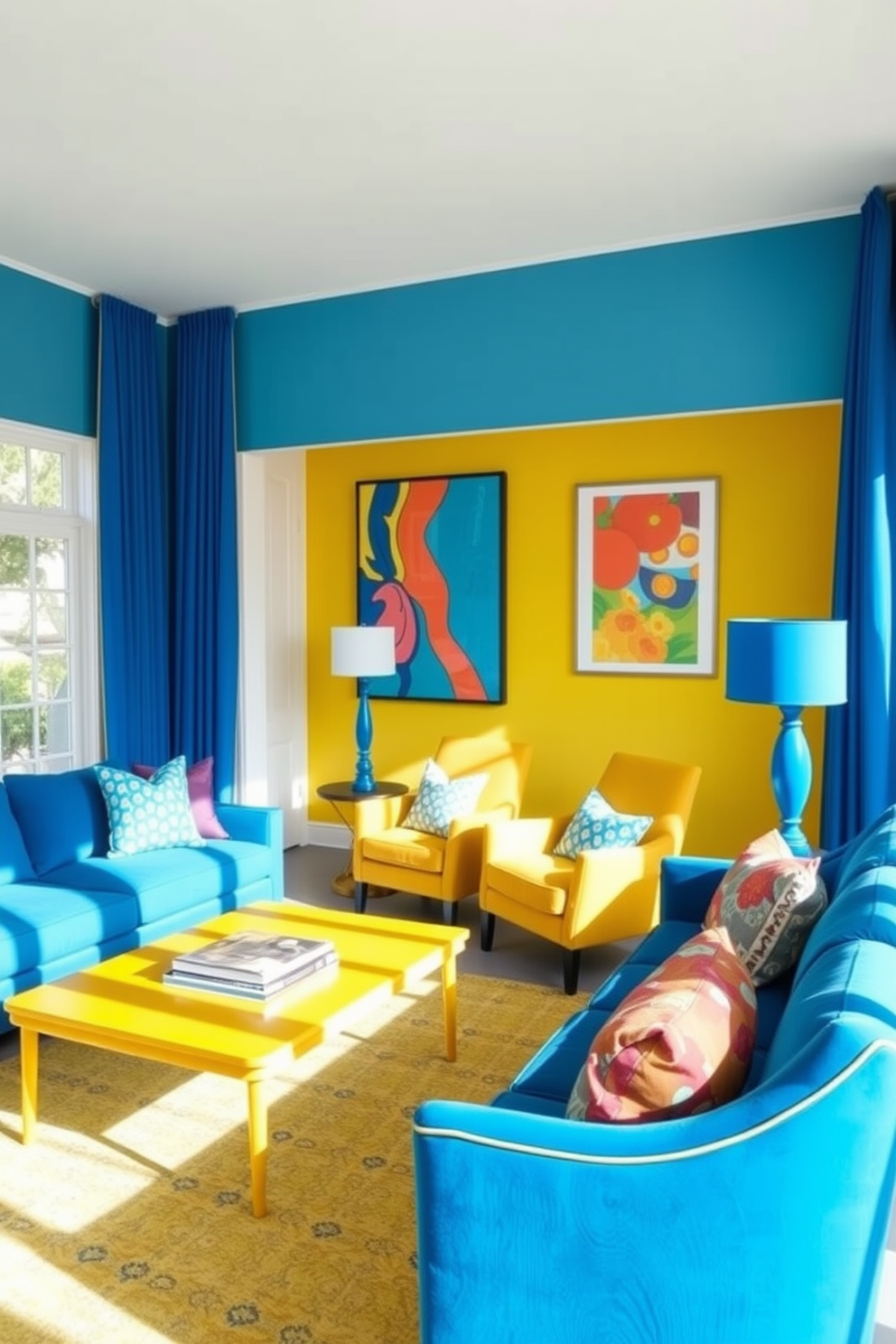 A bright yellow door opens to a warm and inviting entryway filled with natural light. The walls are painted in soft white, complementing the cheerful hue of the door and creating a fresh atmosphere. Inside the apartment, a cozy living room features a mix of modern furniture and vibrant accents. A plush yellow sofa is paired with a stylish coffee table, surrounded by artwork that reflects the lively spirit of the space.