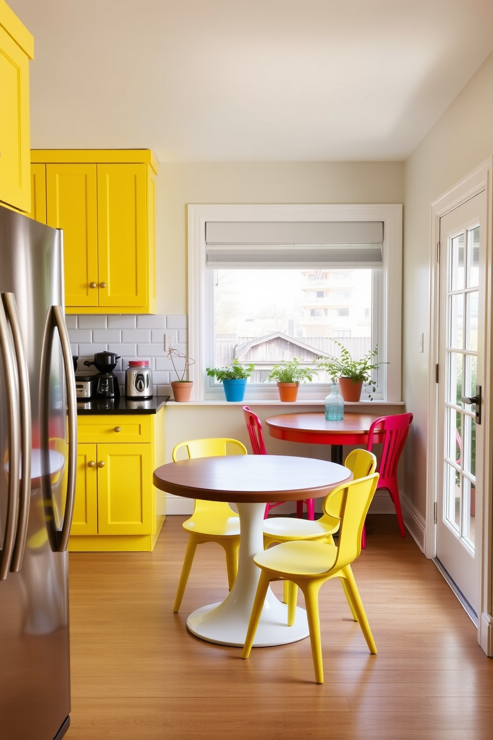 Cheerful yellow kitchen cabinets create a vibrant focal point in the space. The cabinets are complemented by a white subway tile backsplash and a sleek stainless steel refrigerator. A cozy dining nook is situated near a large window, featuring a round wooden table and colorful chairs. Bright potted herbs on the windowsill add a touch of greenery and freshness to the cheerful atmosphere.