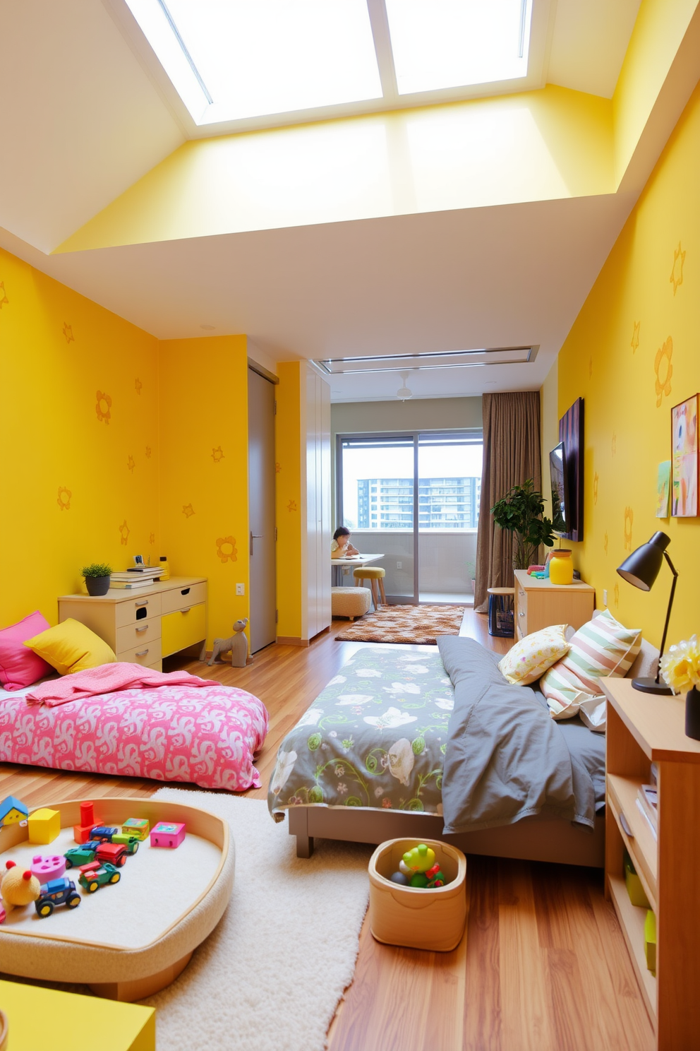 A vibrant kids room featuring playful yellow decals on the walls that create a fun and cheerful atmosphere. The space includes a cozy bed with colorful bedding and a small play area filled with toys and a soft rug. An inviting yellow apartment design with open spaces that enhance natural light. The living area showcases a mix of modern furniture and cheerful accents, creating a warm and welcoming environment.