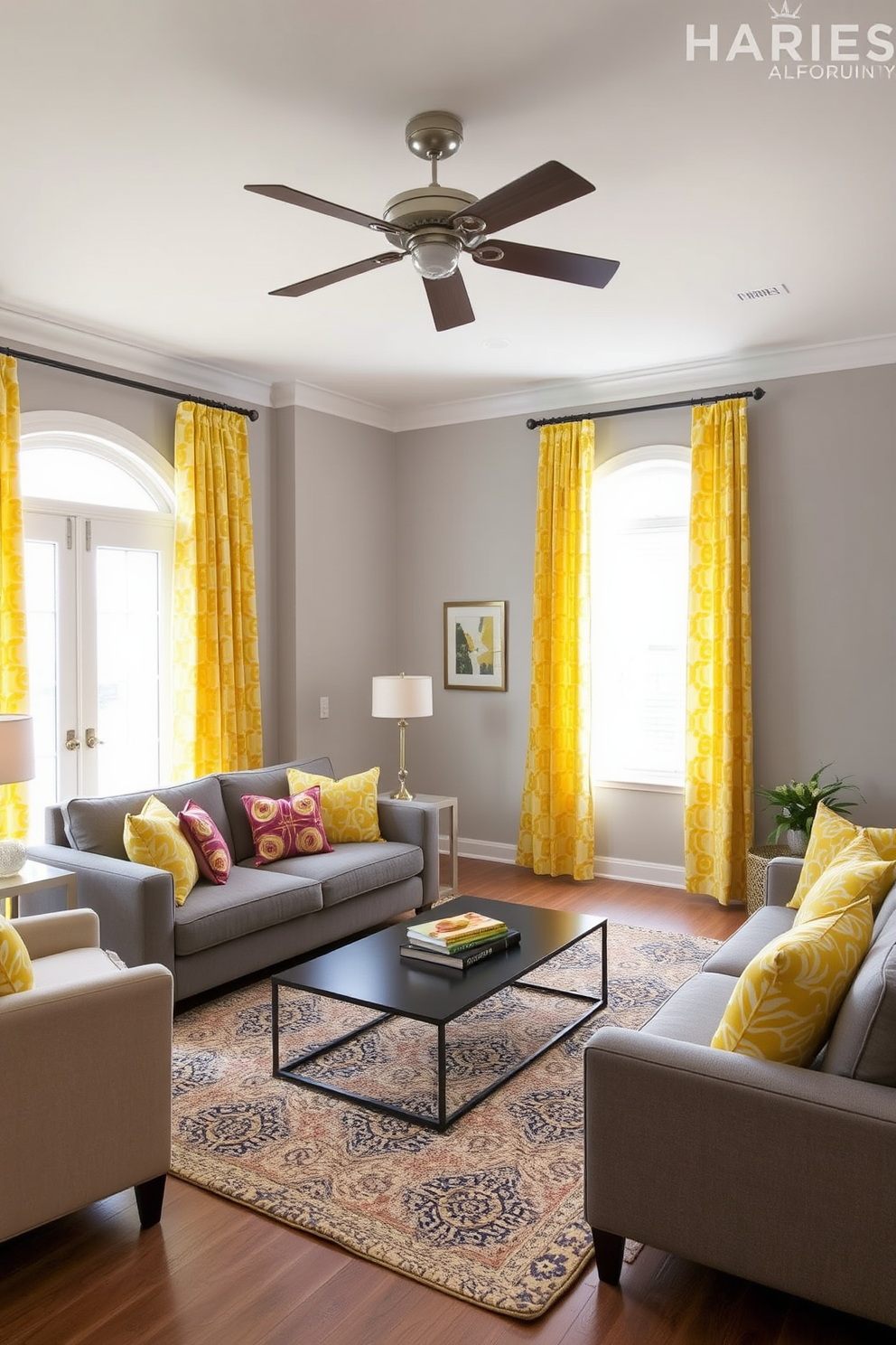 A bright and cheerful living room featuring yellow patterned curtains that add a vibrant touch to the space. The walls are painted in a soft gray, complementing the warm tones of the curtains and creating an inviting atmosphere. The furniture includes a plush gray sofa adorned with colorful throw pillows. A sleek coffee table sits in the center, surrounded by a cozy area rug that ties the room together.