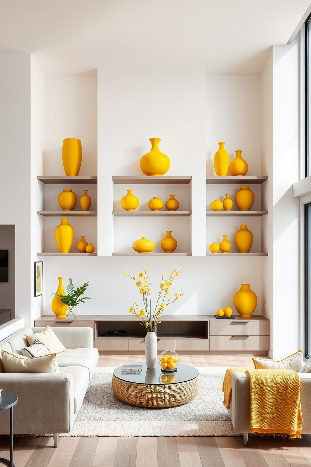 A bright and cheerful living space featuring yellow decorative vases artfully arranged on open shelves. The walls are painted in a soft white, creating a fresh backdrop that enhances the vibrant yellow accents throughout the apartment. The apartment design incorporates modern furniture with clean lines and a cozy seating area. Large windows allow natural light to flood the room, complementing the warm tones of the yellow decor.