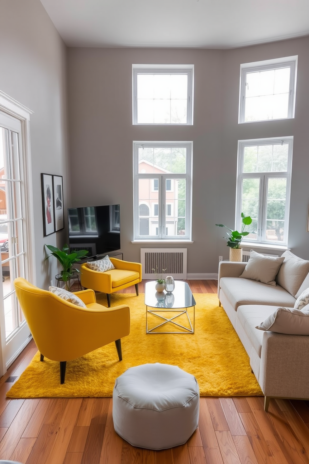 A cozy living room featuring a bright yellow area rug that adds warmth to the space. The walls are painted in a soft gray, and plush furniture in neutral tones complements the vibrant rug. In the corner, a stylish yellow armchair invites relaxation, while a sleek coffee table sits atop the rug. Large windows allow natural light to flood in, highlighting the cheerful ambiance of the apartment.