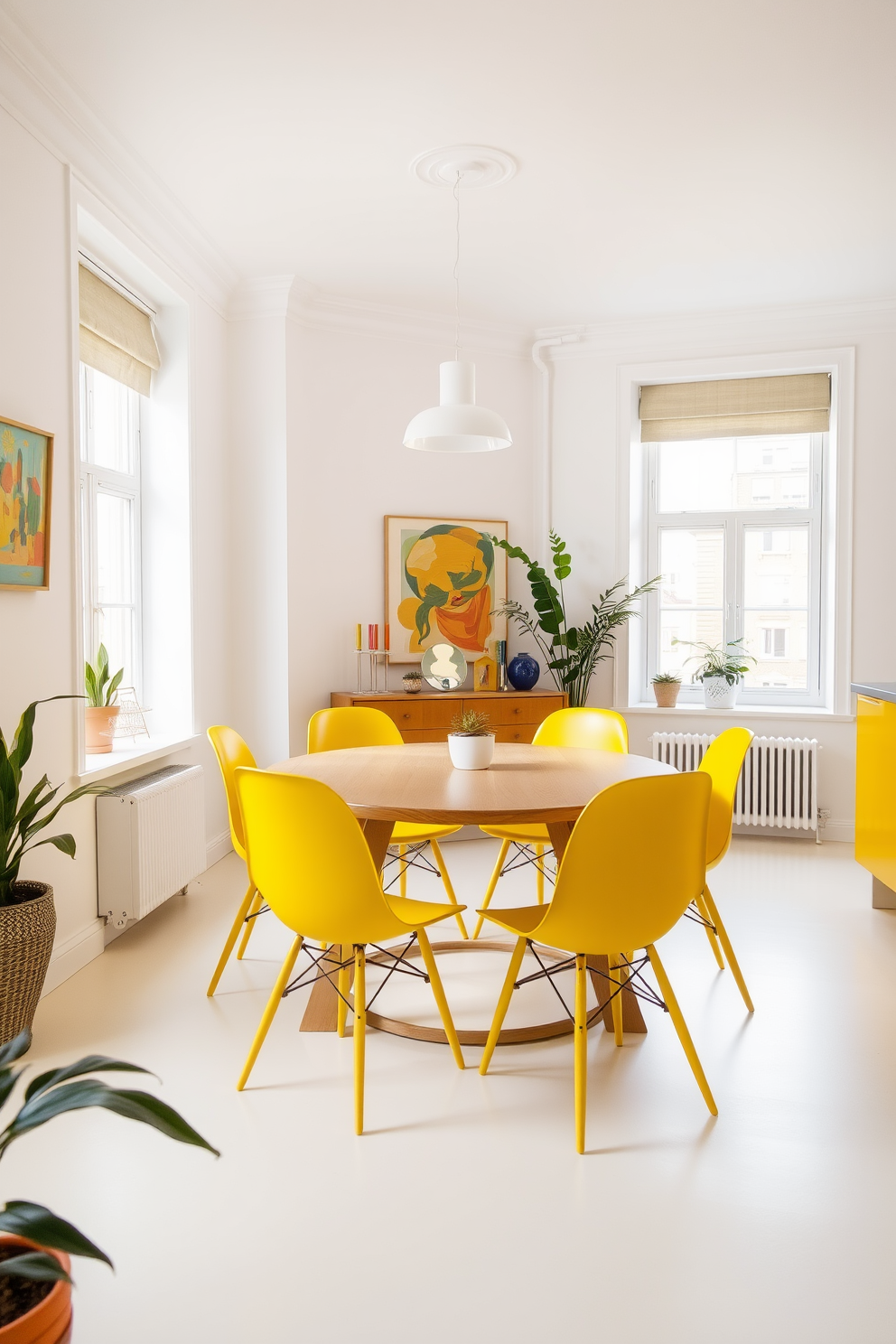 A bright and cheerful dining area featuring yellow dining chairs that add a playful touch to the space. The walls are painted in a soft white hue, complementing a sleek wooden dining table set in the center of the room. Large windows allow natural light to flood in, enhancing the vibrant atmosphere. Decorative elements like colorful artwork and potted plants bring life and personality to the yellow apartment design.