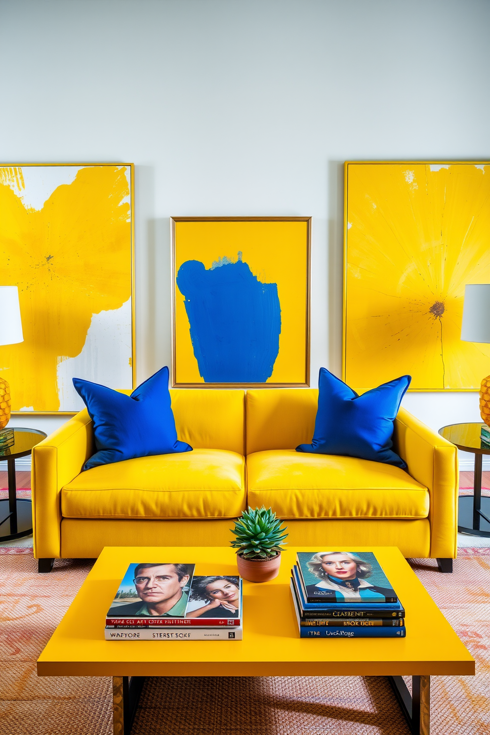 A vibrant yellow apartment filled with golden yellow artwork that creates a striking focal point. The walls are adorned with large abstract pieces that radiate warmth and energy, complementing the bright furnishings. The living area features a plush yellow sofa paired with contrasting blue accent pillows. A sleek coffee table sits in front, showcasing a collection of art books and a small succulent arrangement.