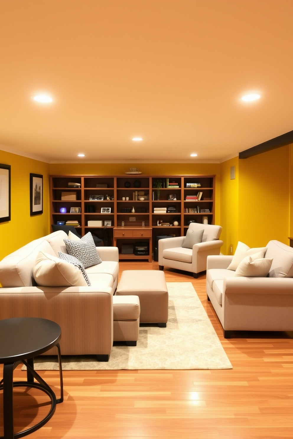 A cozy yellow sectional sofa is arranged in a welcoming living space, complemented by soft throw pillows in various textures. The walls are painted in a warm beige tone, and a plush area rug lies beneath the sofa, enhancing the comfort of the room. The basement features a vibrant yellow color scheme, with accent lighting that highlights the cheerful decor. A small coffee table sits in front of the sofa, surrounded by bookshelves filled with colorful books and decorative items.