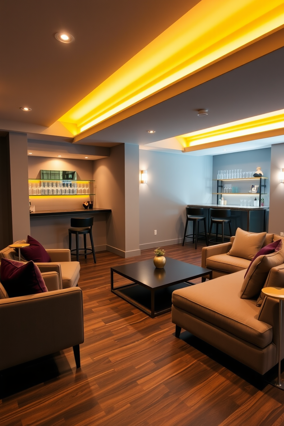 A contemporary basement space illuminated by warm yellow lighting fixtures. The walls are painted in a soft gray, creating a cozy atmosphere with plush seating arranged around a sleek coffee table. In one corner, a stylish bar area features high stools and elegant shelving displaying glassware. The floor is covered with a rich, dark wood, adding depth to the modern design.