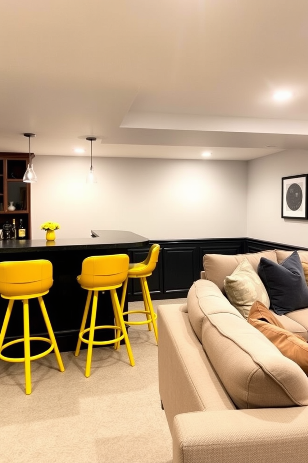 A playful basement design featuring yellow bar stools adds a vibrant touch to the space. The walls are painted in a light gray hue, creating a modern backdrop for the bright seating. Incorporate a cozy seating area with a plush sectional sofa in neutral tones to balance the boldness of the yellow. Soft lighting fixtures hang above the bar area, enhancing the inviting atmosphere of the basement.