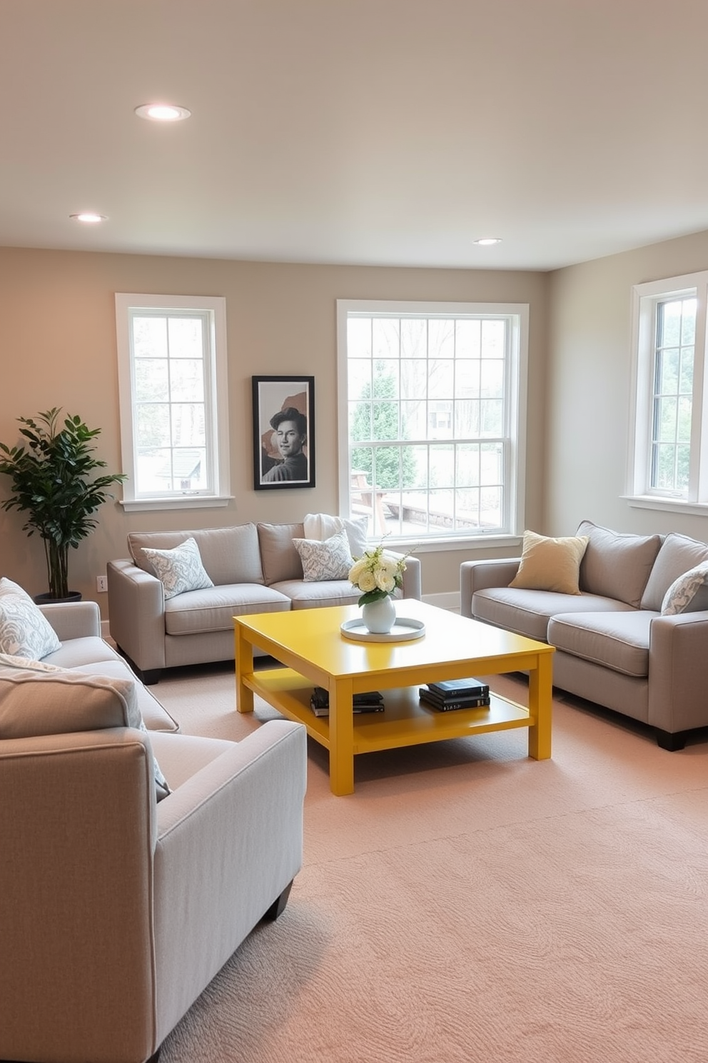 Bright yellow coffee table serves as a vibrant focal point in the basement. Surrounding it are comfortable seating options in soft gray tones, creating a cozy yet lively atmosphere. The walls are painted in a light beige to enhance the brightness of the space. Large windows allow natural light to filter in, making the basement feel open and inviting.