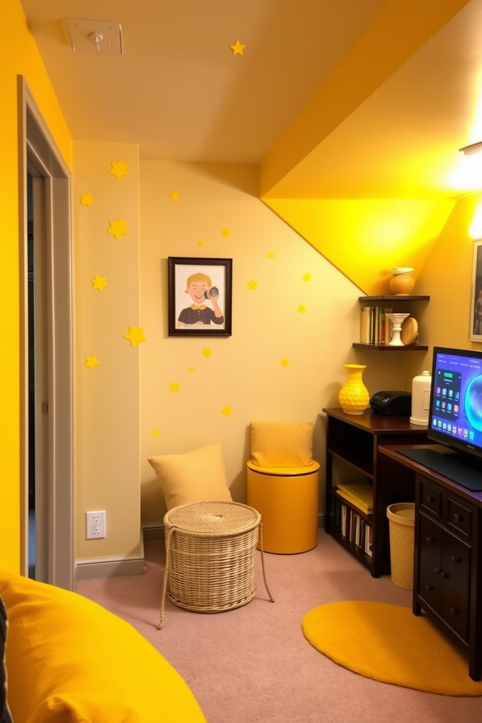 A cozy basement featuring rustic yellow wooden beams that add warmth and character to the space. The walls are painted in a soft cream color, creating a bright and inviting atmosphere. The flooring consists of wide-plank hardwood that complements the wooden beams beautifully. A large, plush sectional sofa sits in the center, surrounded by warm accent rugs and a reclaimed wood coffee table.