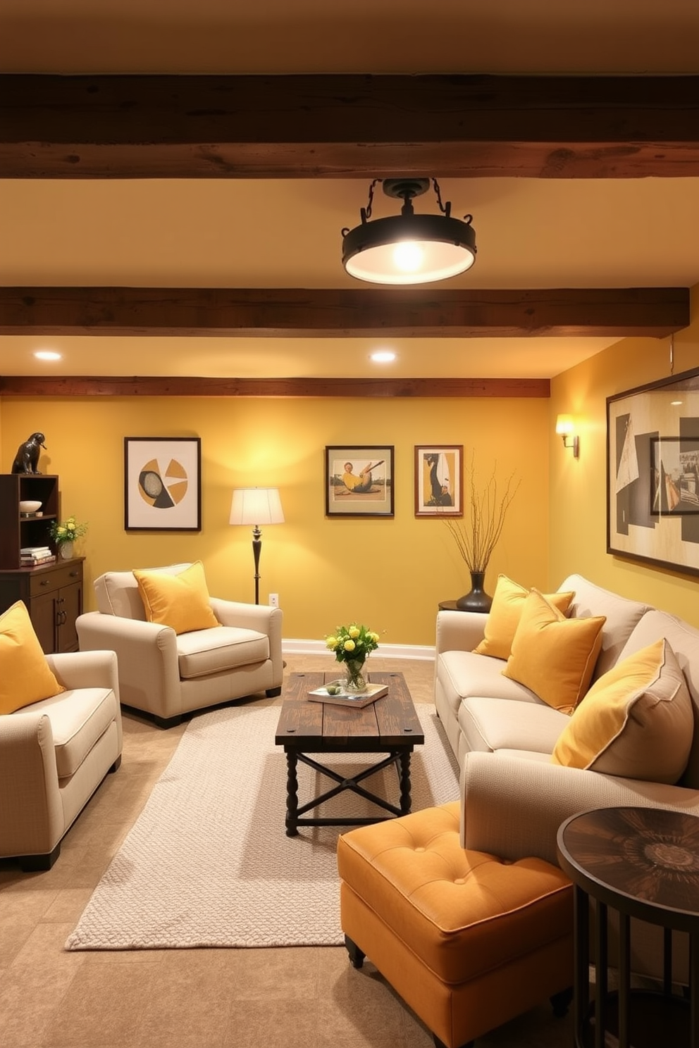 A cozy basement retreat featuring warm yellow tones that create an inviting atmosphere. The space includes wooden accents, such as a rustic coffee table and exposed ceiling beams, enhancing the overall warmth. Soft yellow walls complement plush seating arrangements with yellow and cream cushions. A stylish area rug in neutral tones anchors the seating area, while warm lighting fixtures create a relaxing ambiance.