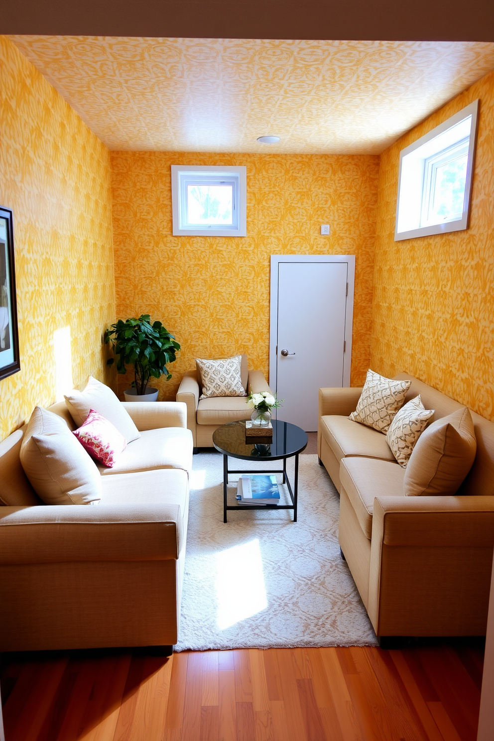 A cozy basement space adorned with yellow patterned wallpaper that adds a vibrant touch to the environment. The room features plush seating arrangements with soft cushions and a stylish coffee table, creating an inviting atmosphere. Natural light filters in through strategically placed windows, enhancing the cheerful ambiance of the yellow walls. The flooring is a warm wood finish, complementing the overall design and making the space feel both comfortable and stylish.