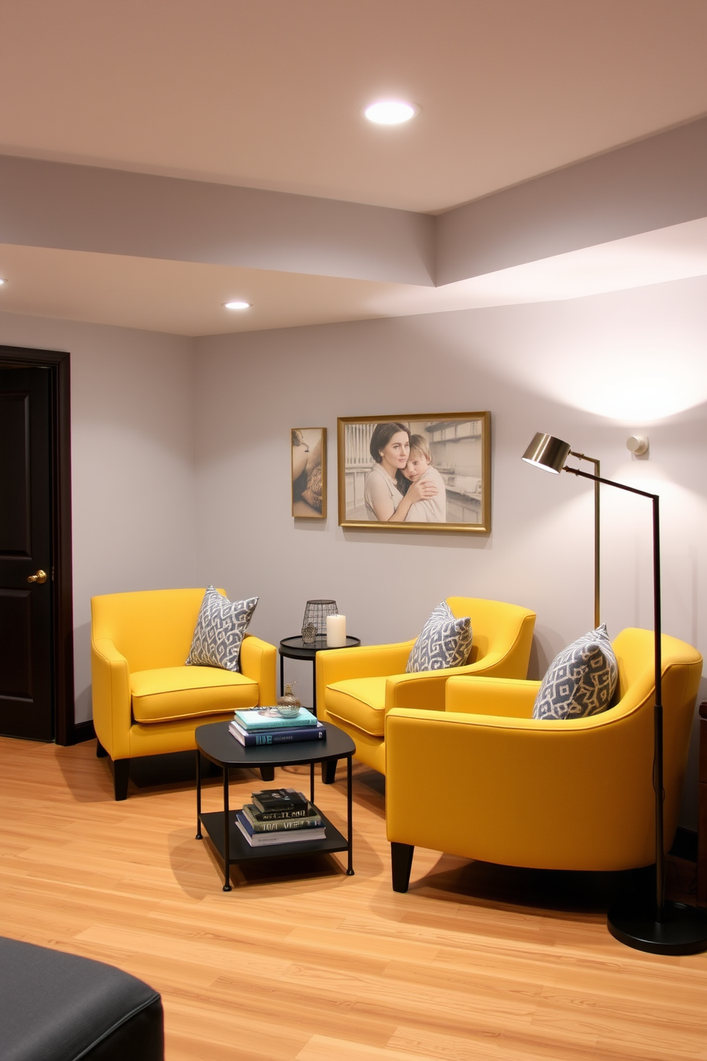 A vibrant yellow basement filled with playful bean bags creates a casual and inviting atmosphere. The walls are painted in a soft gray, providing a perfect contrast to the bright seating options scattered throughout the space. The flooring is a warm wood that adds a touch of coziness to the playful design. Large windows allow natural light to flood the room, enhancing the cheerful vibe of the yellow bean bags.