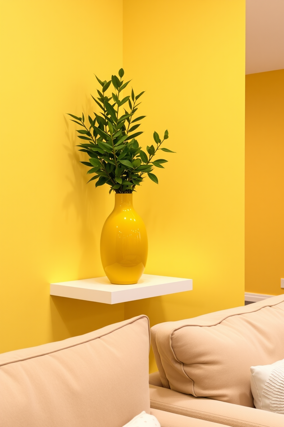 A bright yellow decorative vase sits elegantly on a sleek white shelf, adding a fresh and vibrant touch to the room. The vase is filled with lush green plants that contrast beautifully against the yellow, creating a lively focal point. The basement features a modern design with soft yellow walls that create a warm and inviting atmosphere. Plush furniture in neutral tones complements the cheerful color scheme, making the space perfect for relaxation and entertainment.