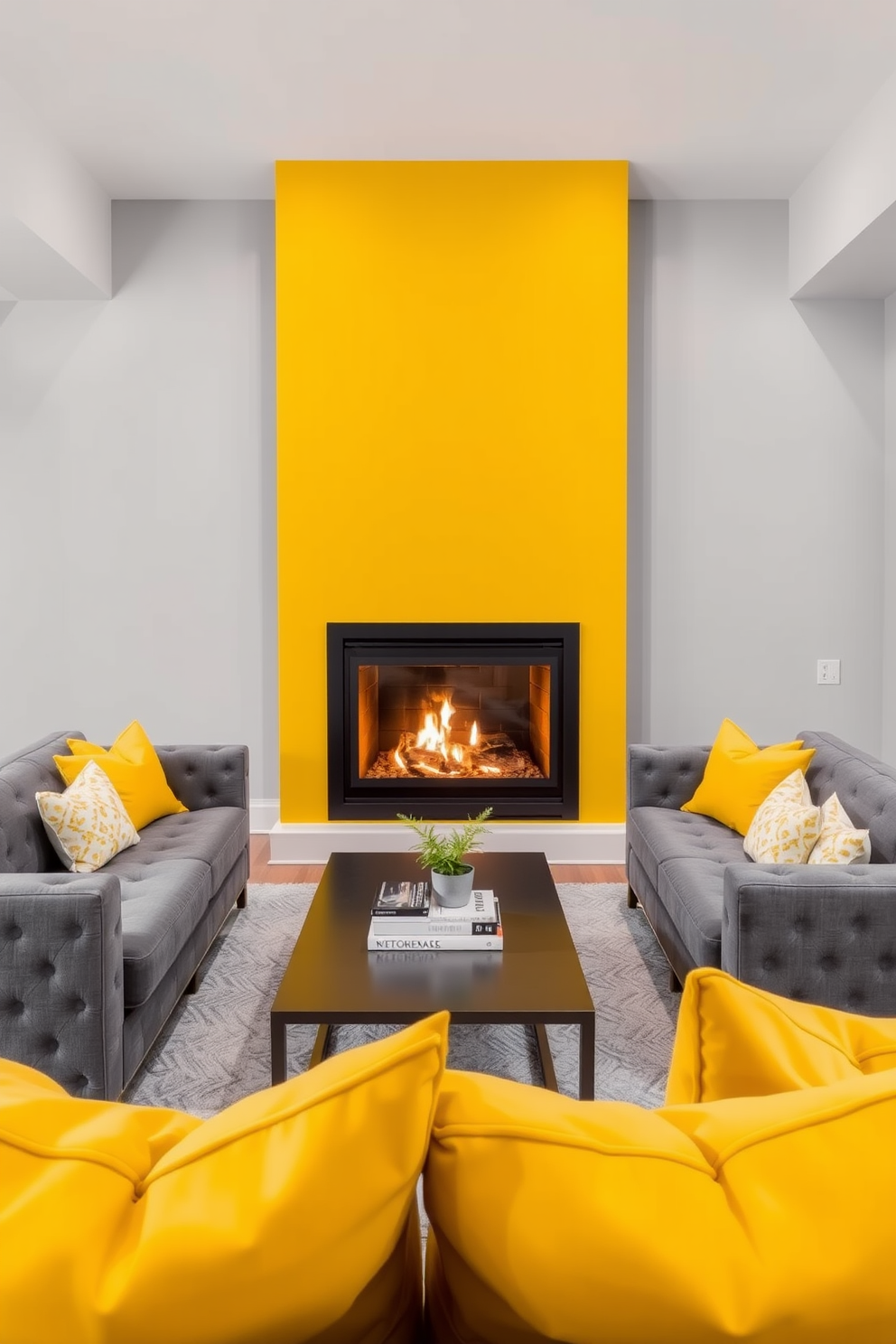 A bold yellow fireplace serves as a stunning focal point in the basement. Surrounding the fireplace, the walls are painted in a soft gray, creating a striking contrast that enhances the warmth of the yellow. The basement features a cozy seating area with plush gray sofas and vibrant yellow accent pillows. A sleek coffee table sits in front, adorned with decorative books and a small plant to add a touch of greenery.