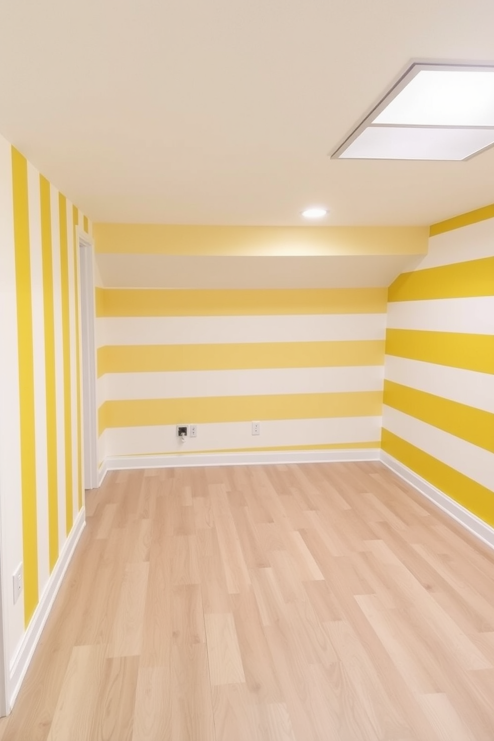 A cheerful basement design featuring yellow and white striped wallpaper that adds a playful touch to the space. The flooring is a light-colored wood that complements the vibrant walls, creating a bright and inviting atmosphere.