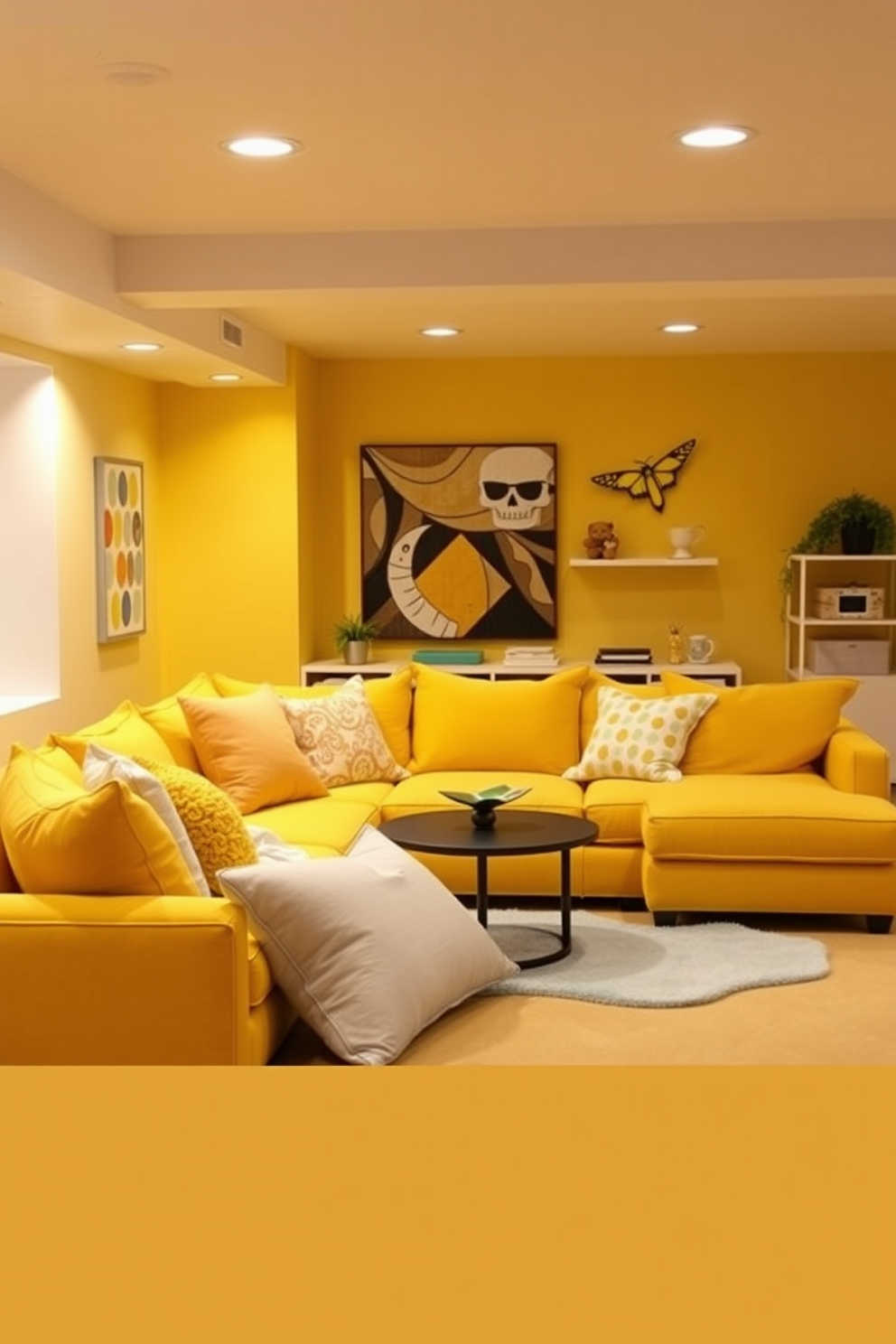 Cozy yellow sectional sofa for comfort. The sofa is adorned with plush cushions in complementary colors, creating a warm and inviting atmosphere. Yellow basement design ideas. The space features soft lighting and playful decor elements, enhancing the cheerful ambiance while maximizing functionality.