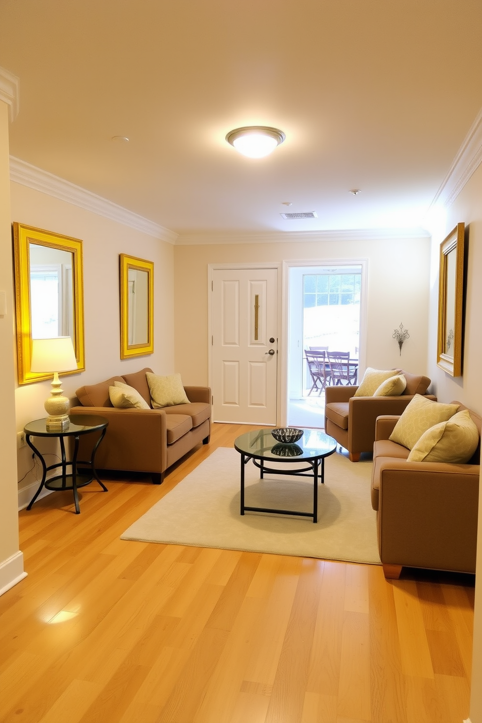 A bright and inviting basement space. The walls are painted in a soft cream color, and the flooring features light hardwood for warmth. Yellow framed mirrors are strategically placed to enhance the natural light. Cozy seating arrangements with plush cushions invite relaxation and social gatherings.