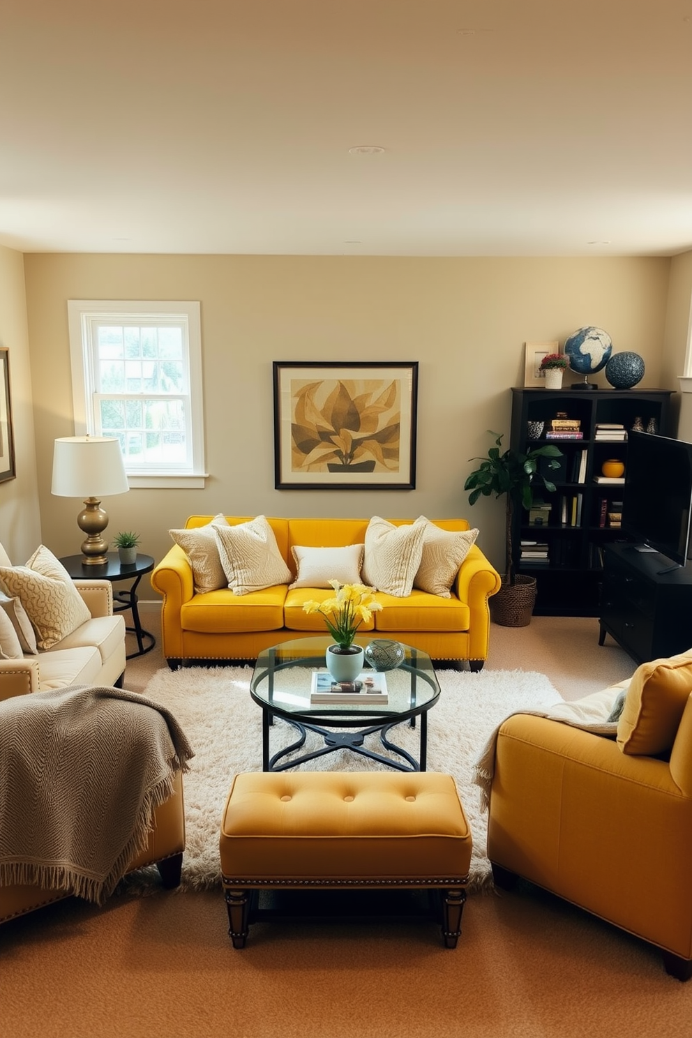 A cozy basement retreat with layered yellow and beige textiles creating a warm atmosphere. The space features a plush yellow sofa adorned with beige throw pillows, complemented by a soft area rug that ties the room together. Natural light filters through large windows, illuminating the beige walls and highlighting the rich textures of the fabrics. A stylish coffee table sits in the center, surrounded by inviting seating arrangements for relaxation and entertainment.