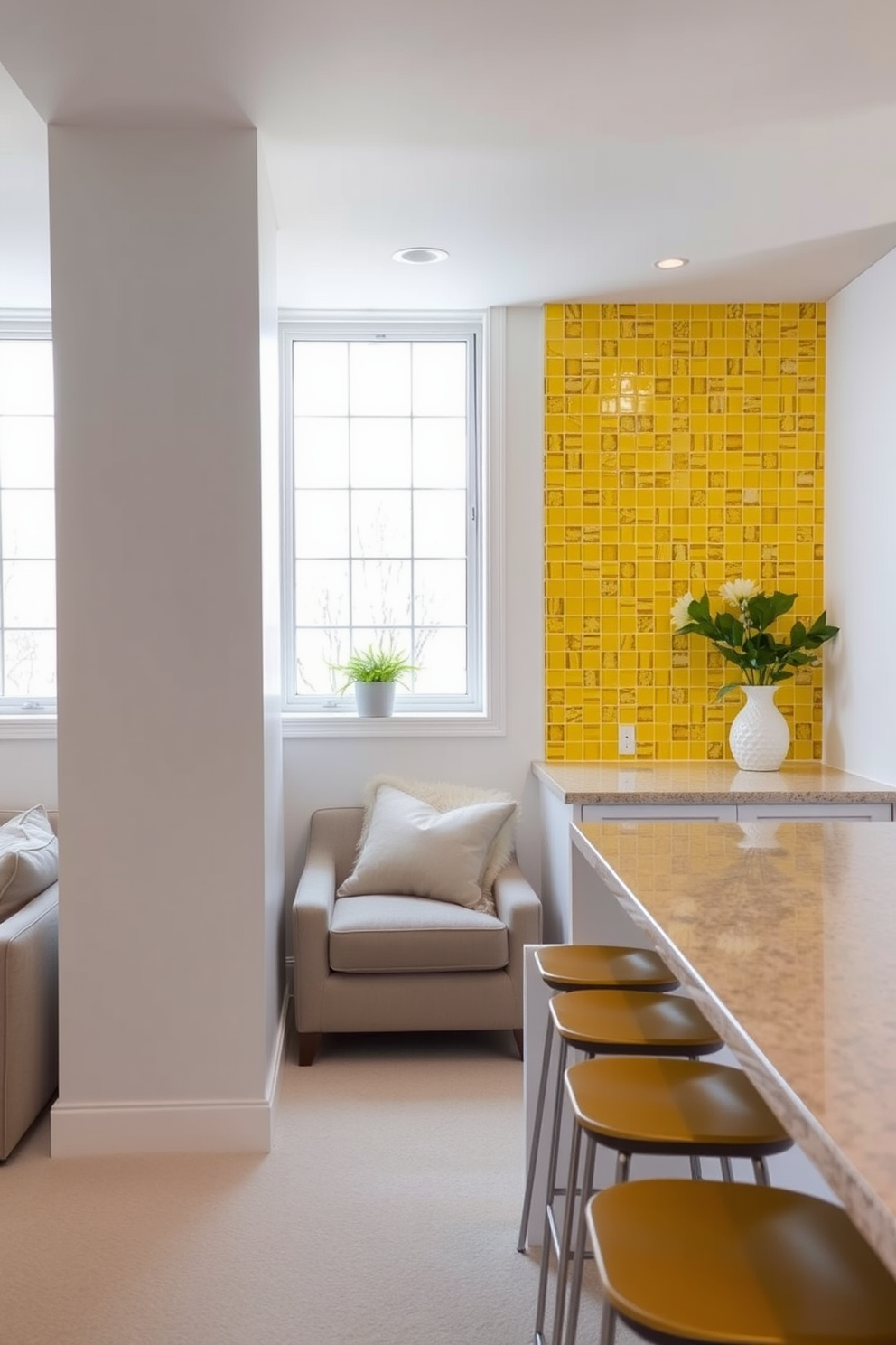 A vibrant basement space featuring yellow mosaic tiles as a unique backsplash. The walls are painted in a soft white to enhance the brightness of the yellow tiles, creating an inviting atmosphere. The basement includes a cozy seating area with plush furniture in neutral tones. Large windows allow natural light to flood the space, highlighting the cheerful yellow accents throughout the design.