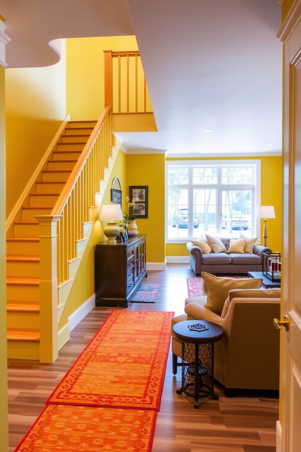 A cheerful entry features a yellow painted staircase that brightens the space and invites warmth. The staircase is adorned with a simple wooden railing and complemented by a vibrant runner rug that adds texture and color. The yellow basement design incorporates cozy seating areas with plush cushions and soft lighting. Large windows allow natural light to flood the space, creating an inviting atmosphere for relaxation and entertainment.