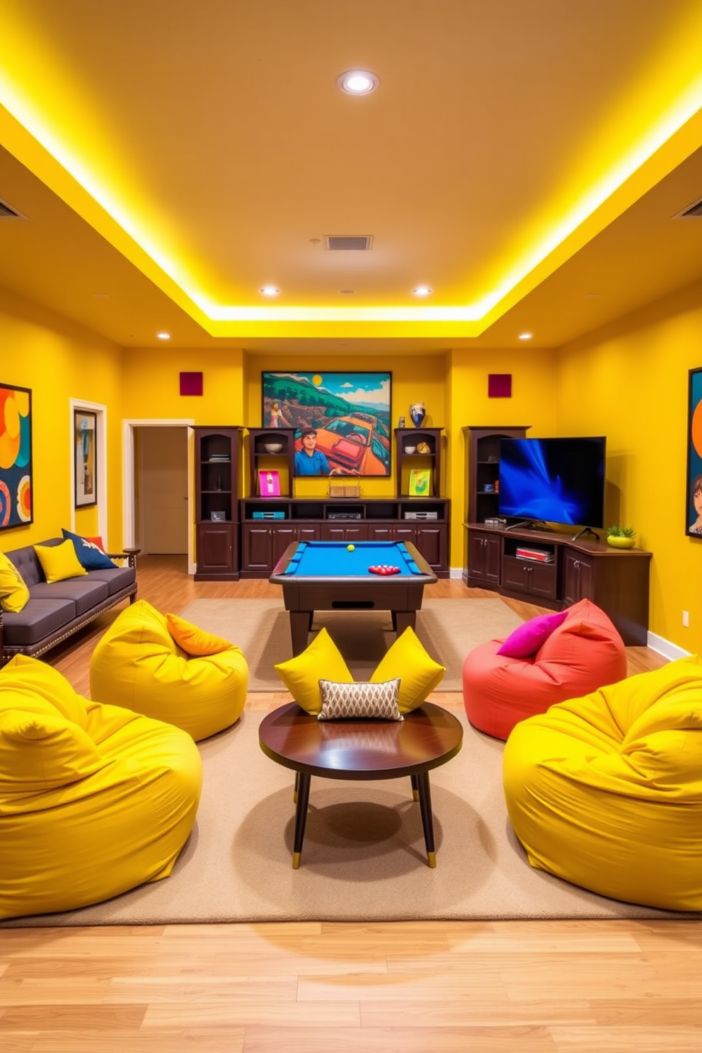 A vibrant yellow themed game room designed for family fun. The walls are painted in a cheerful yellow hue, complemented by plush seating and a large entertainment center. The space features a pool table in the center, surrounded by colorful bean bags. Bright artwork adorns the walls, creating an inviting atmosphere for family gatherings. A cozy reading nook with yellow cushions is tucked in one corner, perfect for relaxation. The flooring is a warm wood, adding a touch of comfort to the lively environment. For the yellow basement design ideas, the area is illuminated with soft yellow lighting fixtures. The design includes a multifunctional space that can serve as both a play area and a cozy lounge. Bright yellow accents are incorporated through furniture and decor, enhancing the cheerful vibe. The open layout allows for easy movement and interaction among family members.