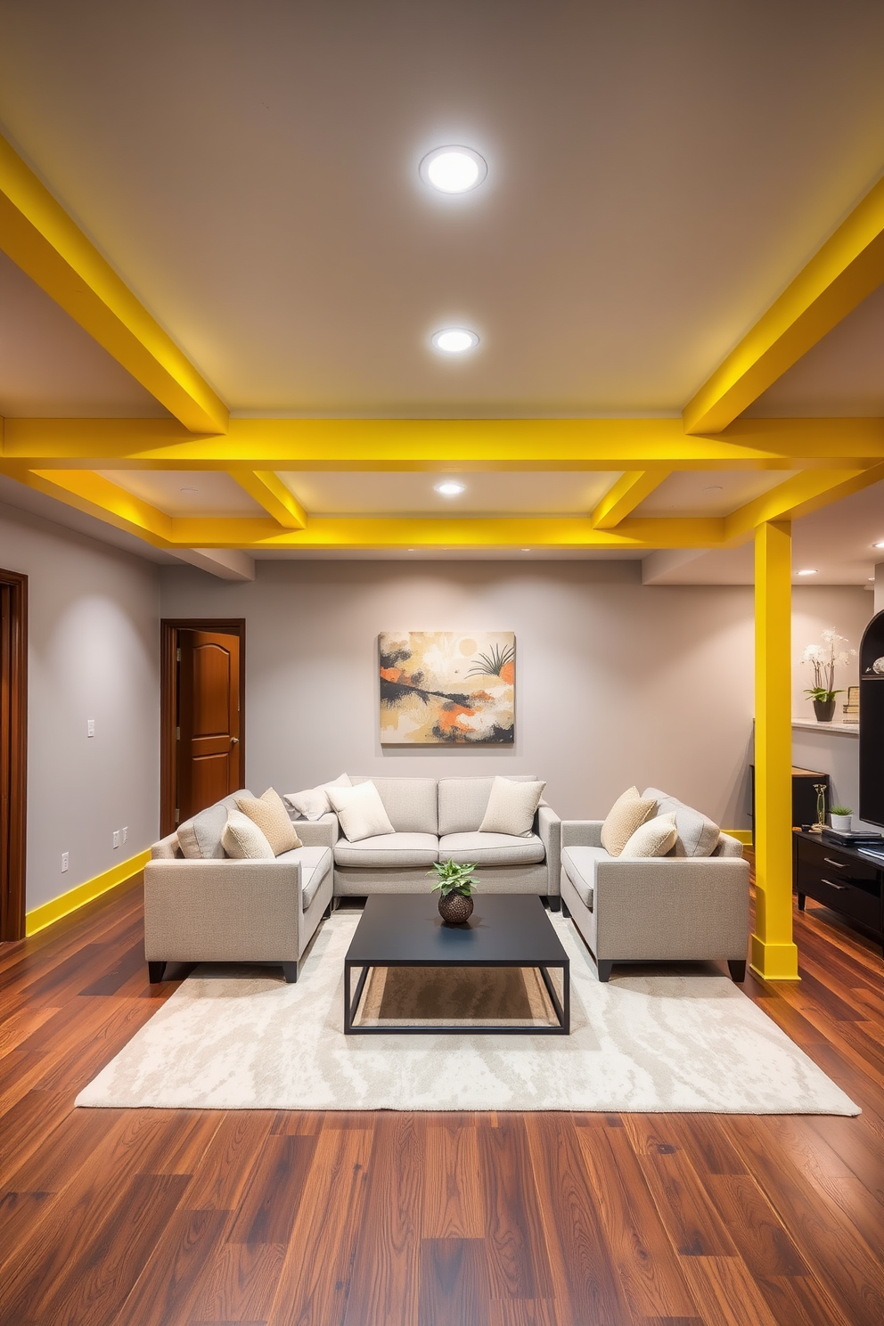 Bright yellow ceiling beams add a vibrant touch to the basement space. The walls are painted in a soft gray, providing a perfect contrast to the beams and creating a cozy atmosphere. The flooring is a rich, dark wood that enhances the warmth of the room. Plush seating in neutral tones is arranged around a modern coffee table, inviting relaxation and conversation.