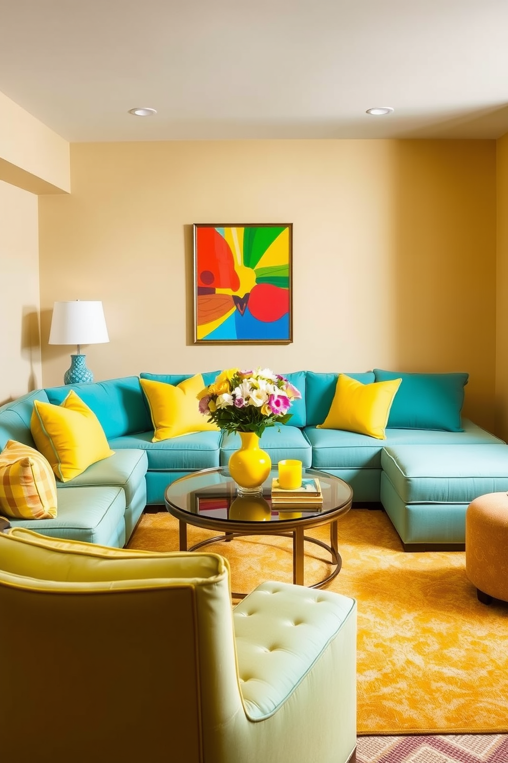 A vibrant basement space that incorporates yellow and turquoise accents to create a lively atmosphere. The walls are painted in a soft beige, providing a neutral backdrop for bold furniture pieces and decor. A cozy seating area features a turquoise sectional sofa adorned with yellow throw pillows. A round coffee table in the center is topped with a bright yellow vase filled with fresh flowers, adding a cheerful touch.