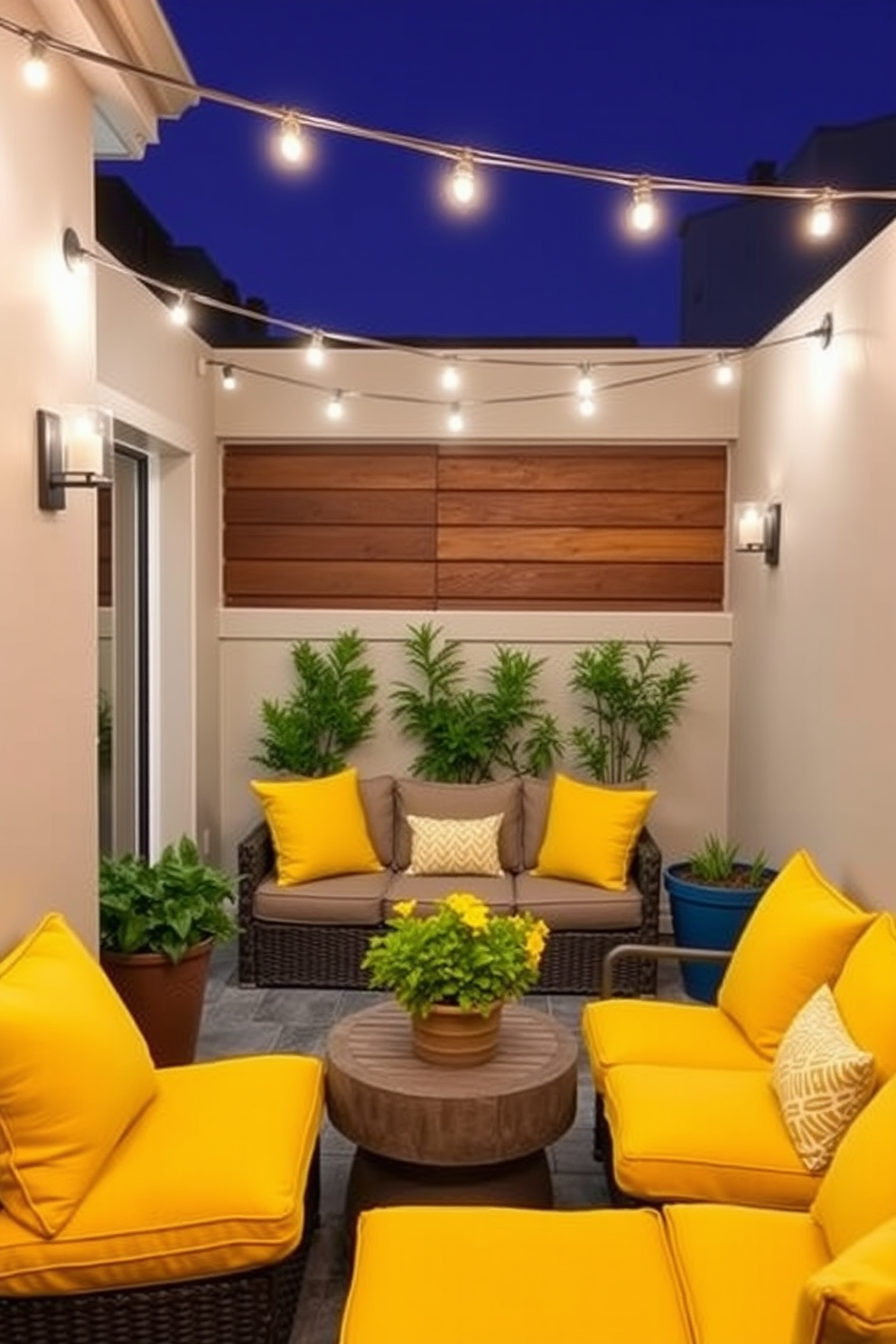 A cozy outdoor basement patio features yellow cushions arranged on a comfortable seating area. The space is illuminated by soft string lights overhead, creating a warm and inviting atmosphere. The walls are painted in a light neutral tone, complementing the cheerful yellow accents. Potted plants with vibrant greenery are strategically placed to enhance the lively ambiance of the basement retreat.