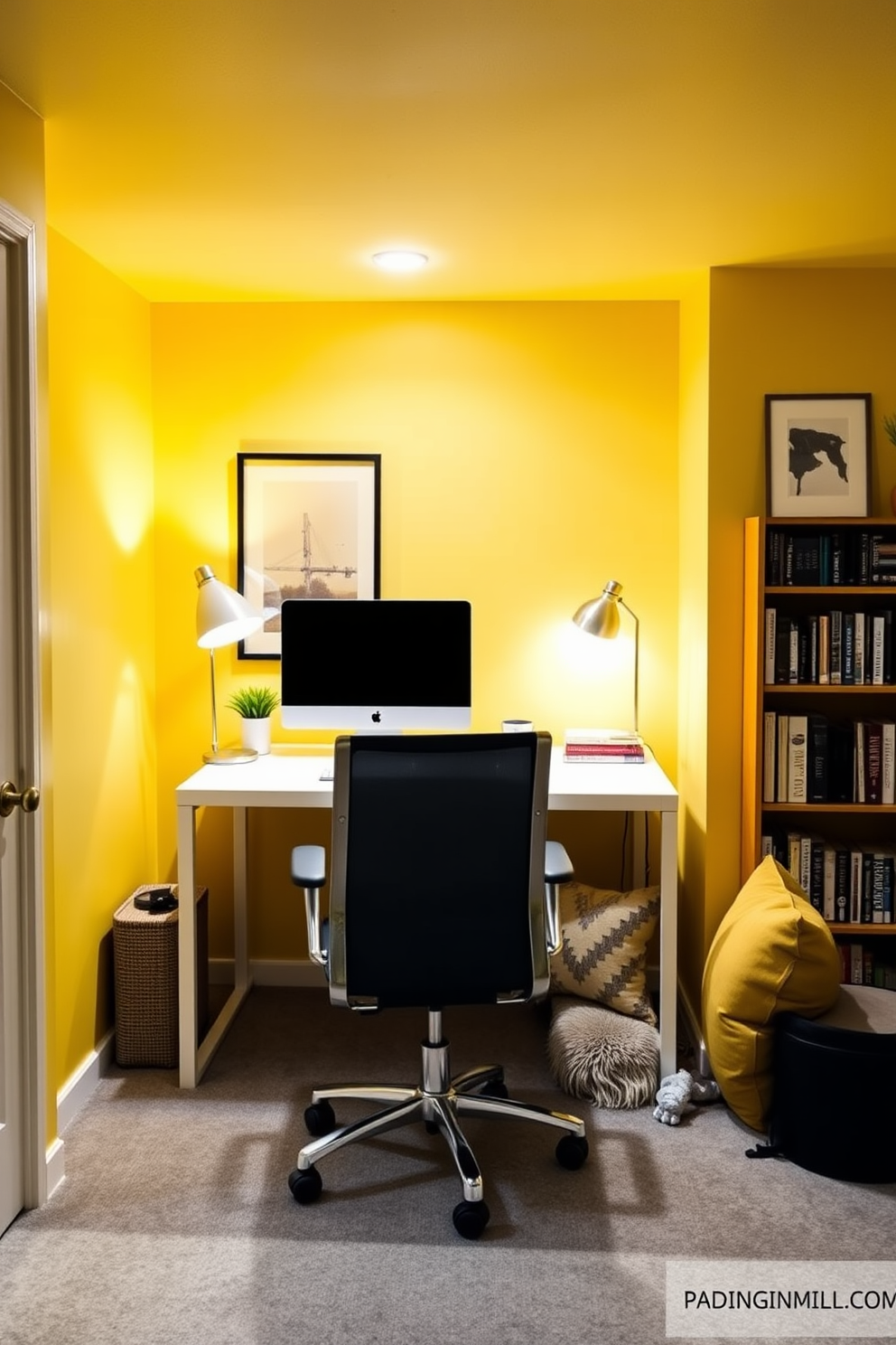 A bright yellow themed home office designed to inspire creativity. The walls are painted a cheerful shade of yellow, complemented by a sleek white desk and a comfortable ergonomic chair. A cozy basement designed in shades of yellow to create an inviting atmosphere. Soft yellow lighting illuminates the space, highlighting a stylish seating area with plush cushions and a small bookshelf filled with inspiring reads.