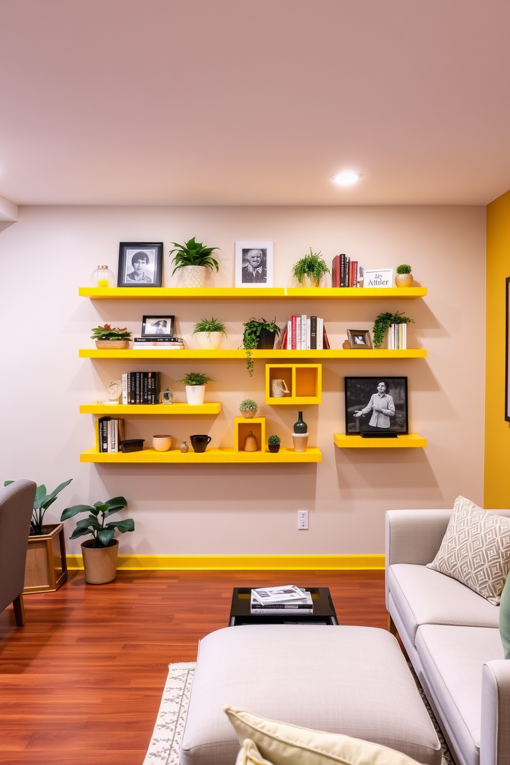 A contemporary basement design featuring yellow wall-mounted shelves that provide a vibrant contrast against the neutral-toned walls. The shelves are adorned with various decorative items, books, and plants, creating an inviting space for relaxation and entertainment. The flooring is a rich hardwood that adds warmth to the room, while comfortable seating options are arranged to encourage social gatherings. Soft lighting fixtures are strategically placed to enhance the cheerful ambiance created by the yellow accents.