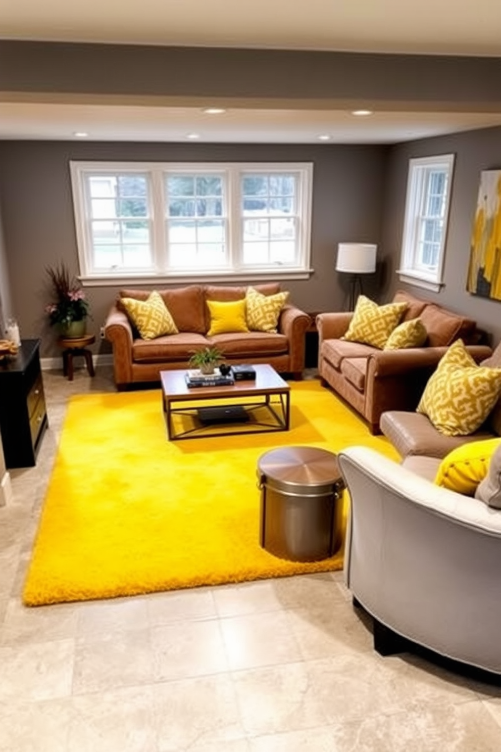 A cozy basement setting featuring a yellow area rug that adds warmth and vibrancy to the room. The walls are painted in a soft gray tone, and large windows allow natural light to flood in, highlighting the cheerful rug. In one corner, a comfortable seating area is arranged with plush sofas and accent pillows that complement the yellow tones. A wooden coffee table sits in the center, adorned with decorative books and a small plant, creating an inviting atmosphere.