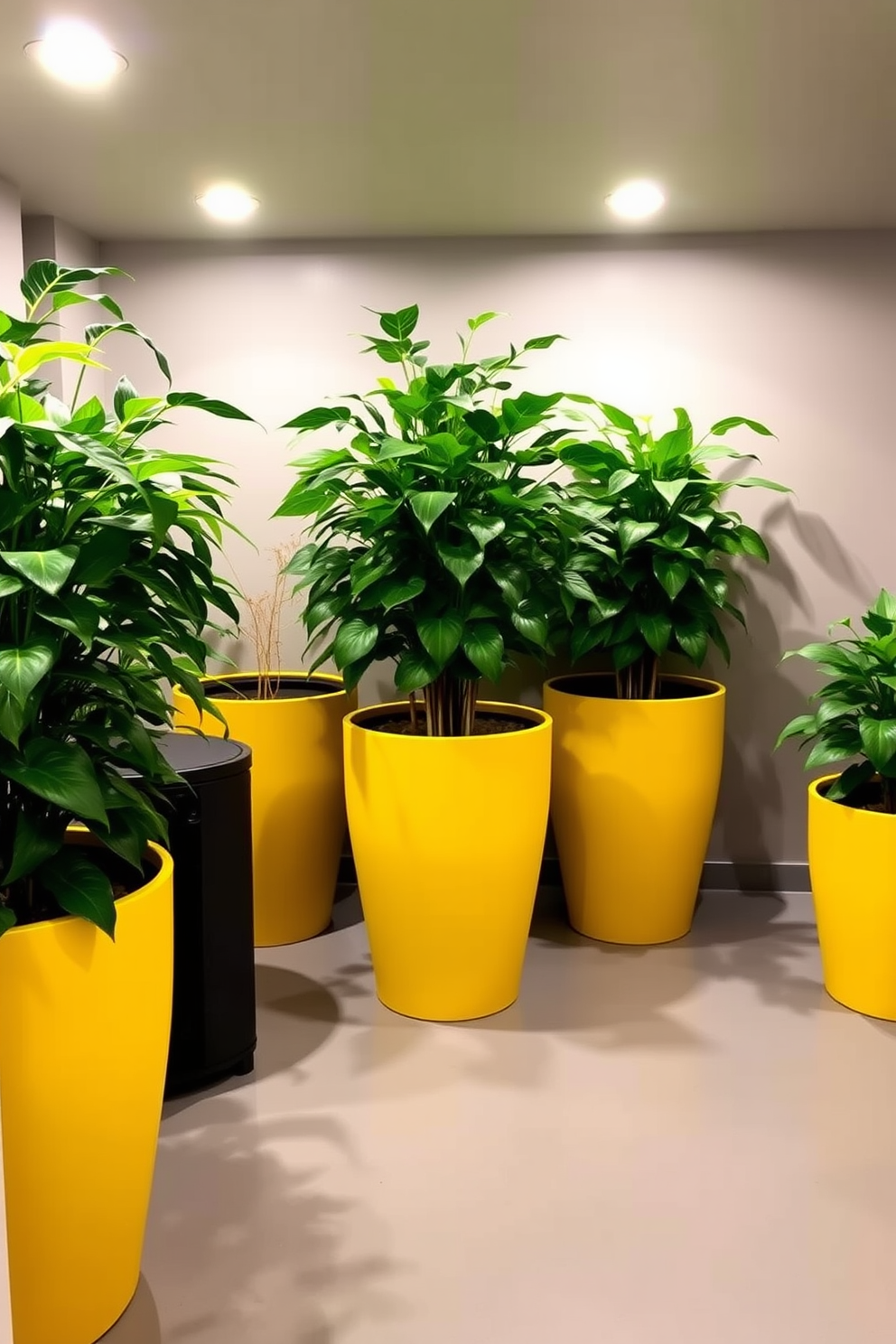 A vibrant basement space featuring large yellow planters filled with lush indoor greenery. The walls are painted in a soft gray, creating a striking contrast with the bright planters and enhancing the overall warmth of the room.