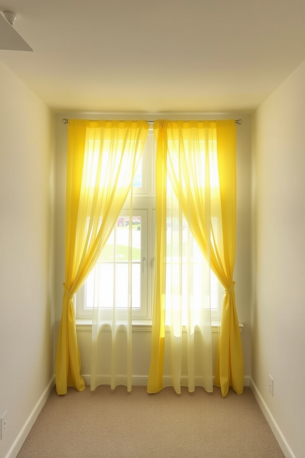 A bright and cheerful basement filled with sunshine yellow curtains that allow natural light to flood the space. The walls are painted in a soft white, creating a fresh and airy atmosphere that complements the vibrant curtains.