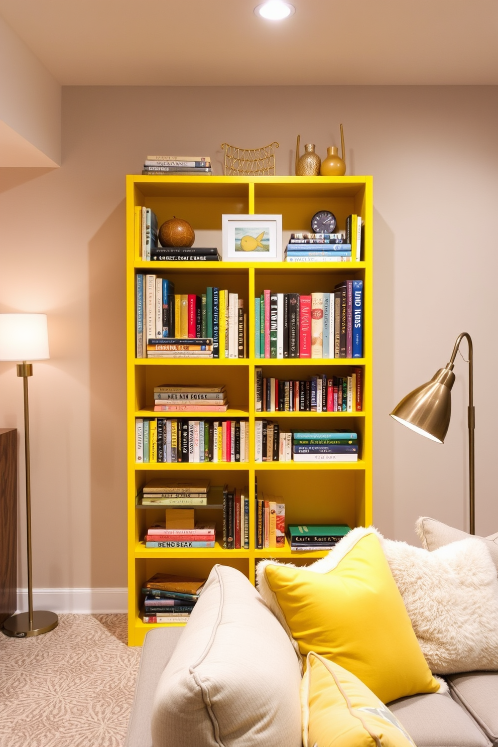 A vibrant yellow bookshelf stands against the wall, filled with an array of colorful books and decorative items. The shelf adds a cheerful touch to the otherwise neutral basement space. The basement features cozy seating with plush cushions, creating an inviting reading nook. Soft lighting emanates from stylish floor lamps, enhancing the warm ambiance of the yellow accents.