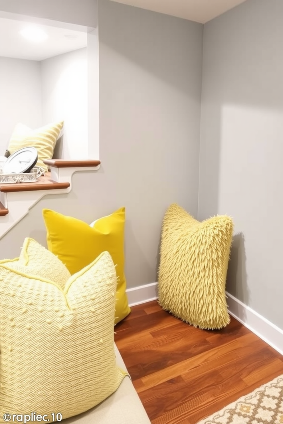 A cozy basement retreat featuring soft yellow throw pillows that add warmth and texture to the space. The walls are painted in a light gray hue, and the flooring consists of rich hardwood that complements the cheerful accents.