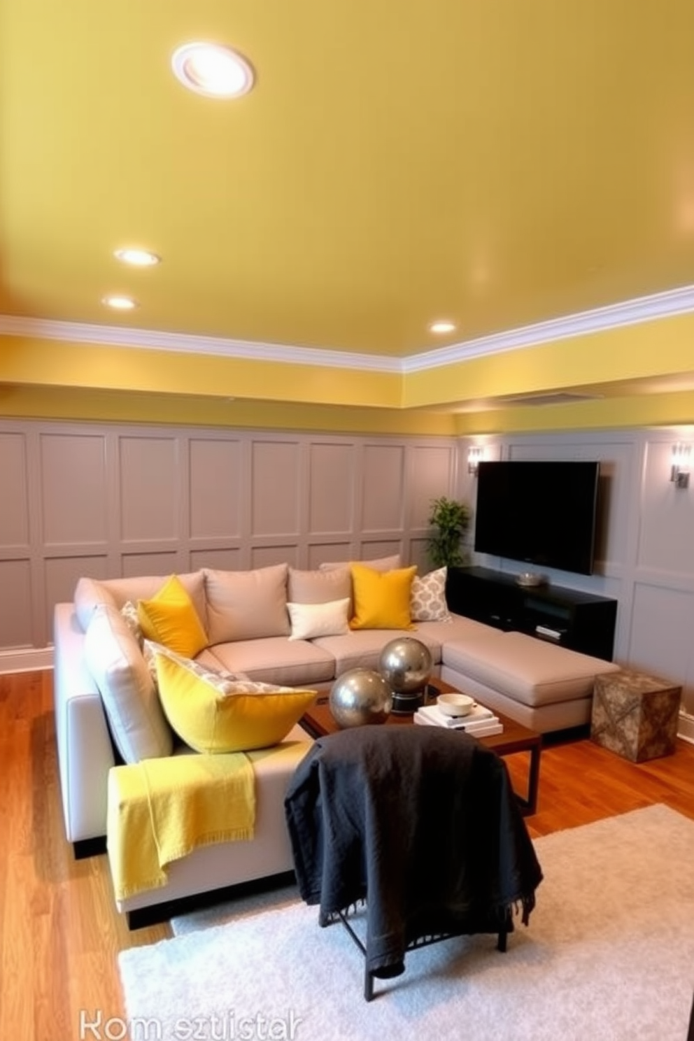 A yellow painted ceiling adds a unique charm to the basement space, creating a bright and inviting atmosphere. The walls are adorned with soft gray paneling, and the flooring features warm hardwood for a cozy feel. Incorporate comfortable seating with a modern sectional sofa in a neutral tone, complemented by vibrant yellow and gray throw pillows. A stylish coffee table sits in the center, surrounded by decorative elements that enhance the cheerful ambiance.