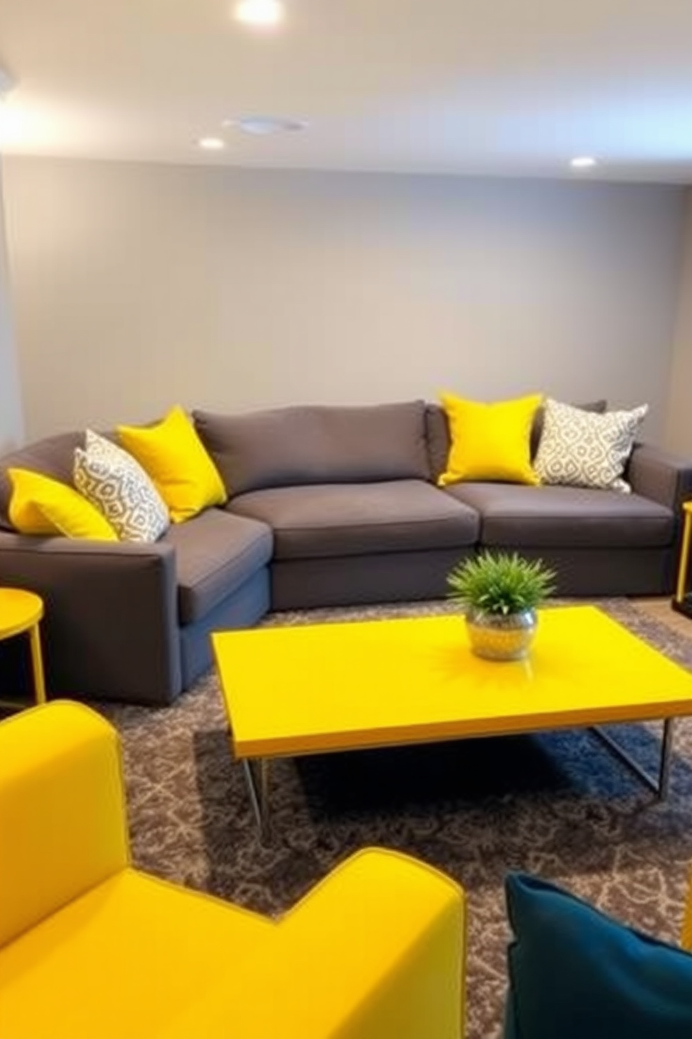 A cozy basement retreat featuring soft pastel yellow walls that create a soothing ambiance. The space is furnished with a plush sectional sofa adorned with cream and gray throw pillows, complemented by a light wood coffee table at the center. In one corner, a small bar area showcases pastel-colored bar stools and shelves filled with decorative glassware. Natural light filters through large windows, enhancing the cheerful atmosphere of this inviting basement design.