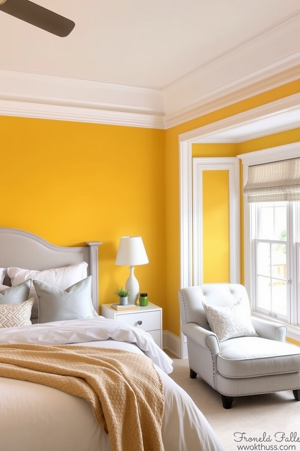 A serene yellow bedroom featuring soft pastel yellow walls that create a calming atmosphere. The room is adorned with a cozy bed dressed in white linens and fluffy yellow pillows, complemented by a stylish bedside table with a sleek lamp. Natural light floods the space through sheer white curtains, enhancing the cheerful ambiance. A plush area rug in soft gray adds warmth to the hardwood floor, while framed artwork in coordinating colors decorates the walls.