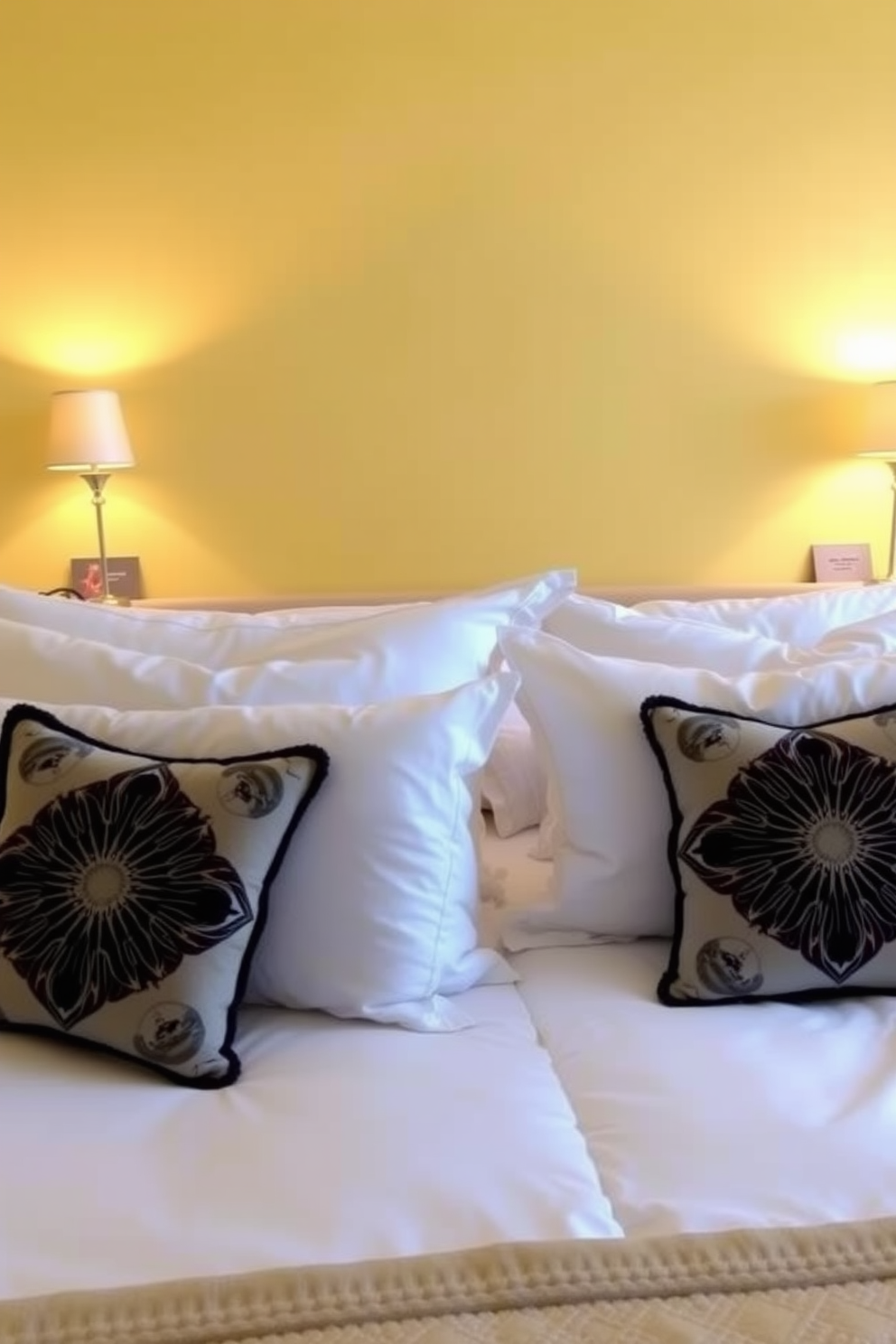 A serene yellow bedroom featuring soft lighting from stylish bedside lamps that create a warm and inviting atmosphere. The walls are painted in a soft pastel yellow, complemented by white bedding and decorative pillows that add a touch of elegance.