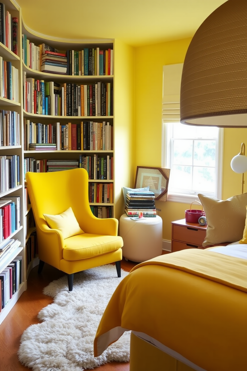 A cozy vintage yellow nightstand sits beside a plush bed adorned with soft white linens and an array of colorful throw pillows. The walls are painted in a warm, sunny yellow hue, creating an inviting atmosphere filled with charm and nostalgia. A stylish reading nook features a comfortable armchair upholstered in a complementary fabric, strategically placed near a window. Decorative accents like framed art and potted plants enhance the cheerful ambiance of the yellow bedroom design.