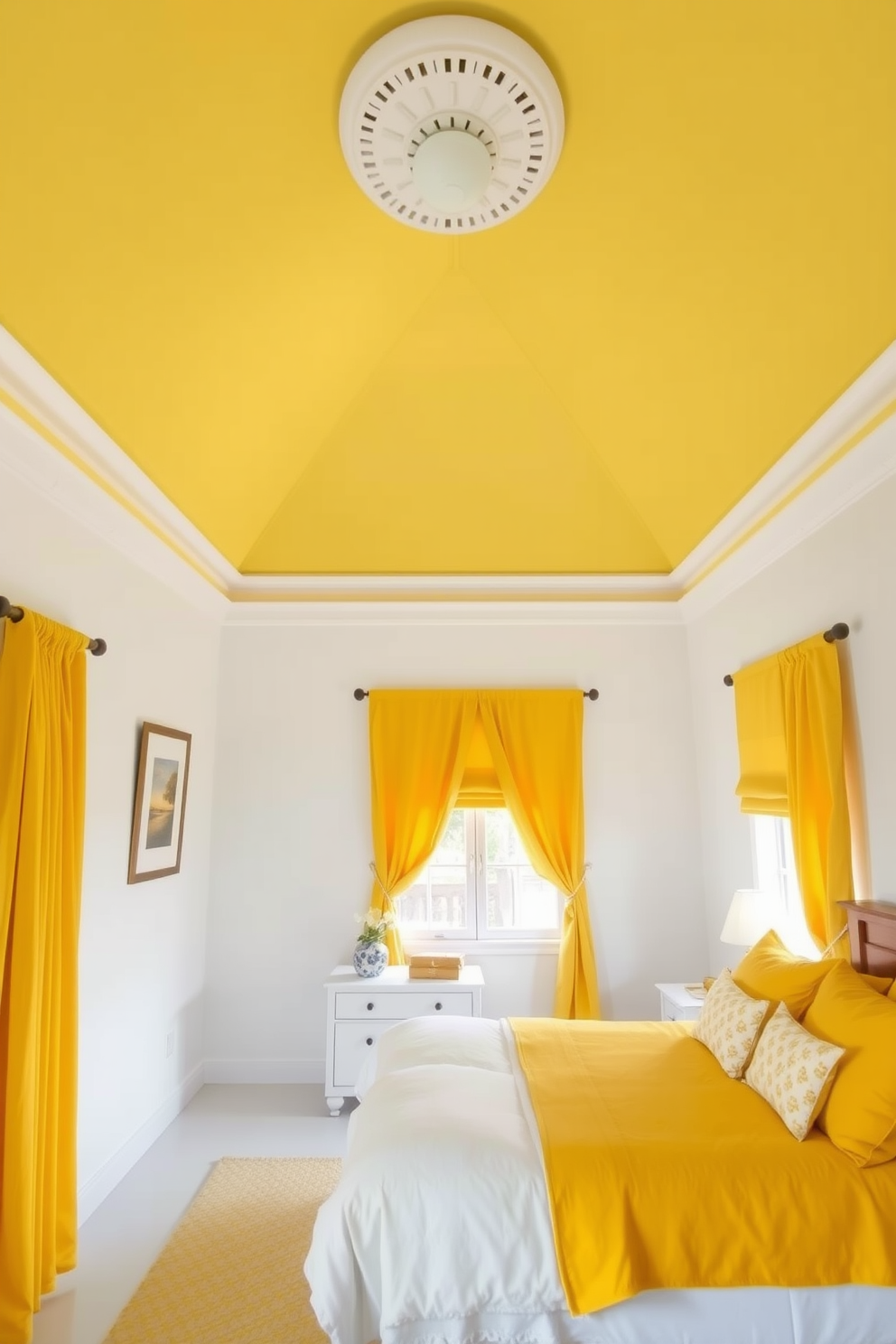 A cozy yellow bedroom featuring layered yellow throws draped over a plush bed. The walls are painted a soft cream, complementing the vibrant yellow accents in the decor.