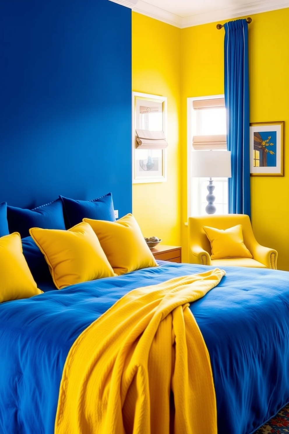 A vibrant yellow bedroom featuring bold blue accents. The walls are painted a sunny yellow, complemented by a deep blue accent wall behind the bed. A plush blue bedspread drapes over the bed, adorned with yellow throw pillows. A stylish yellow armchair sits in the corner, creating a cozy reading nook.