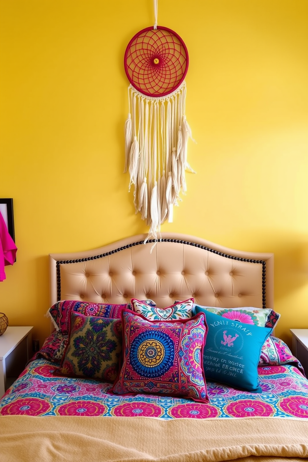 A cozy yellow bedroom filled with soft lighting from elegant yellow lampshades. The walls are painted a warm cream, and a plush yellow bedspread adorns the inviting bed. A stylish nightstand holds a delicate vase of fresh flowers, complementing the cheerful ambiance. The room features a comfortable seating area with a yellow accent chair and a small coffee table.