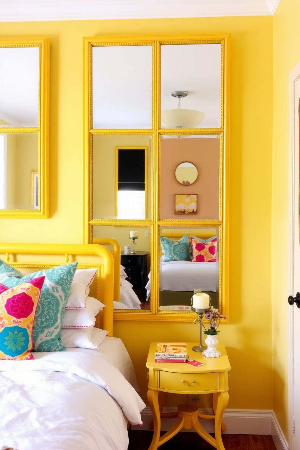 A bright and cheerful bedroom featuring yellow framed mirrors that reflect natural light throughout the space. The walls are painted in a soft pastel yellow, complemented by white bedding and vibrant accent pillows.