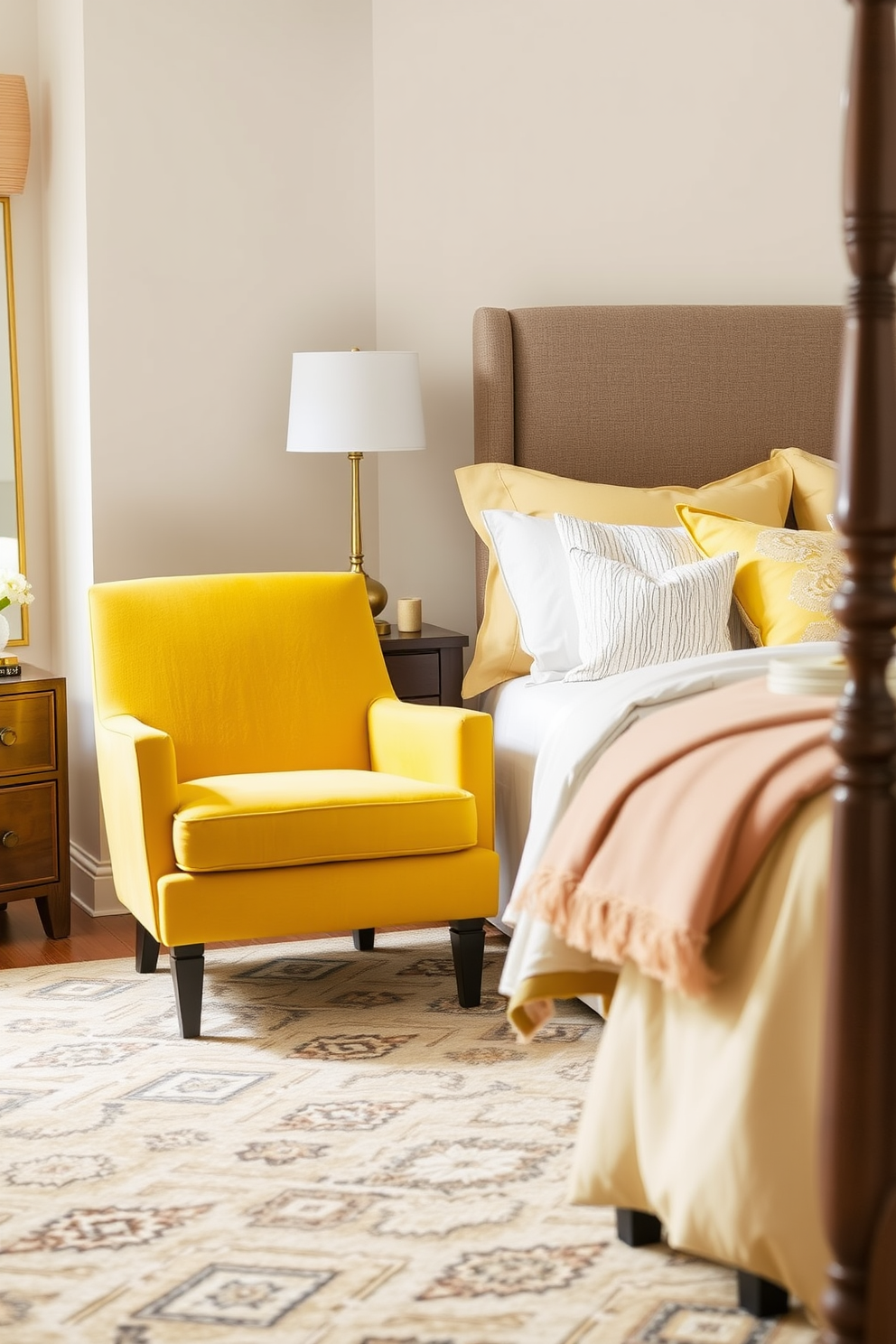 A bright and airy yellow bedroom featuring two large yellow framed mirrors that enhance the sense of spaciousness. The walls are painted in a soft pastel yellow, complemented by crisp white bedding and elegant gold accents throughout the decor.