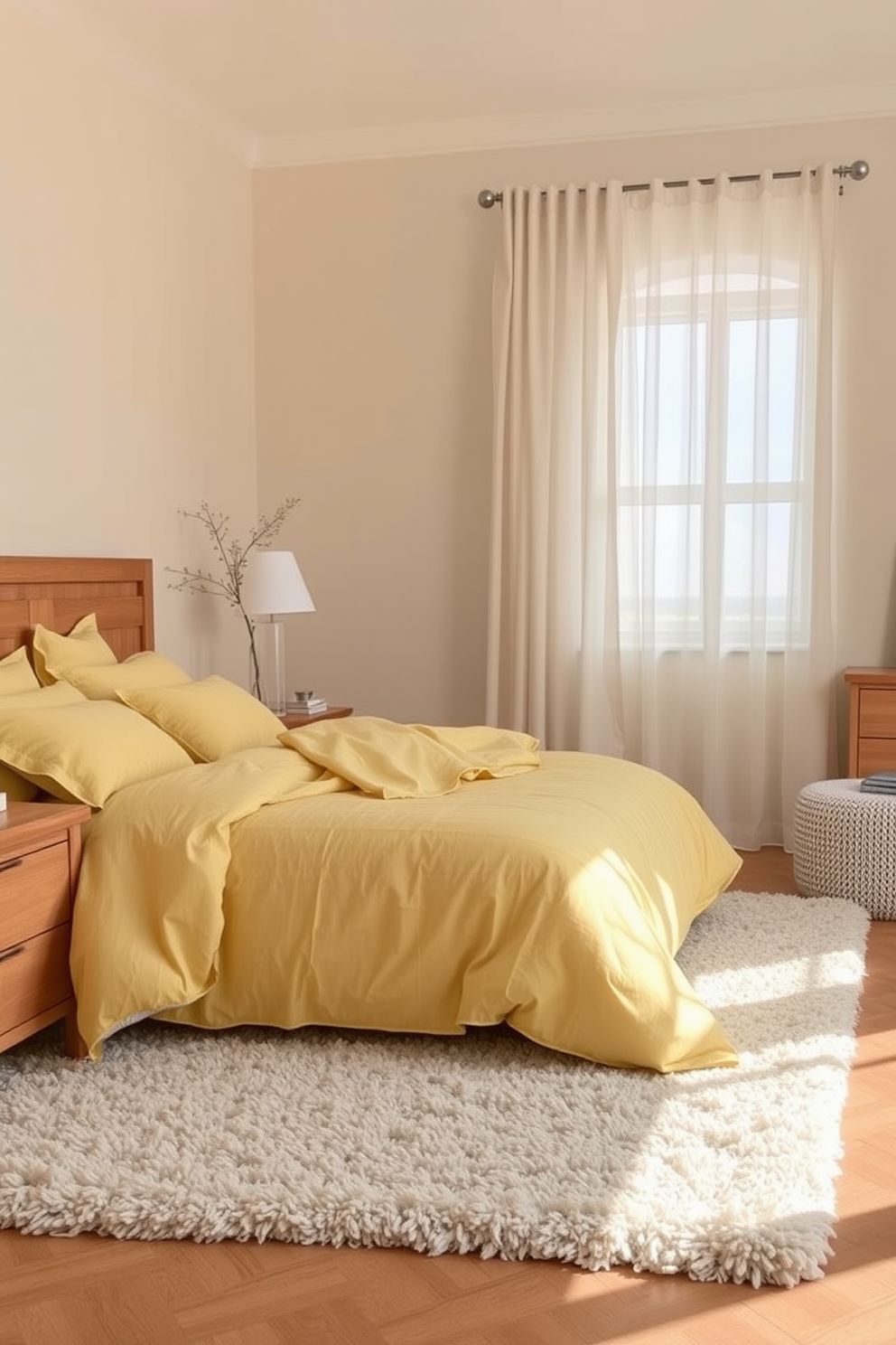 A serene bedroom featuring muted yellow bedding that creates a calming atmosphere. The walls are painted in a soft cream color, complemented by warm wooden accents in the furniture. A plush area rug in a neutral tone lies beneath the bed, adding texture and comfort. Natural light filters through sheer curtains, enhancing the tranquil ambiance of the space.